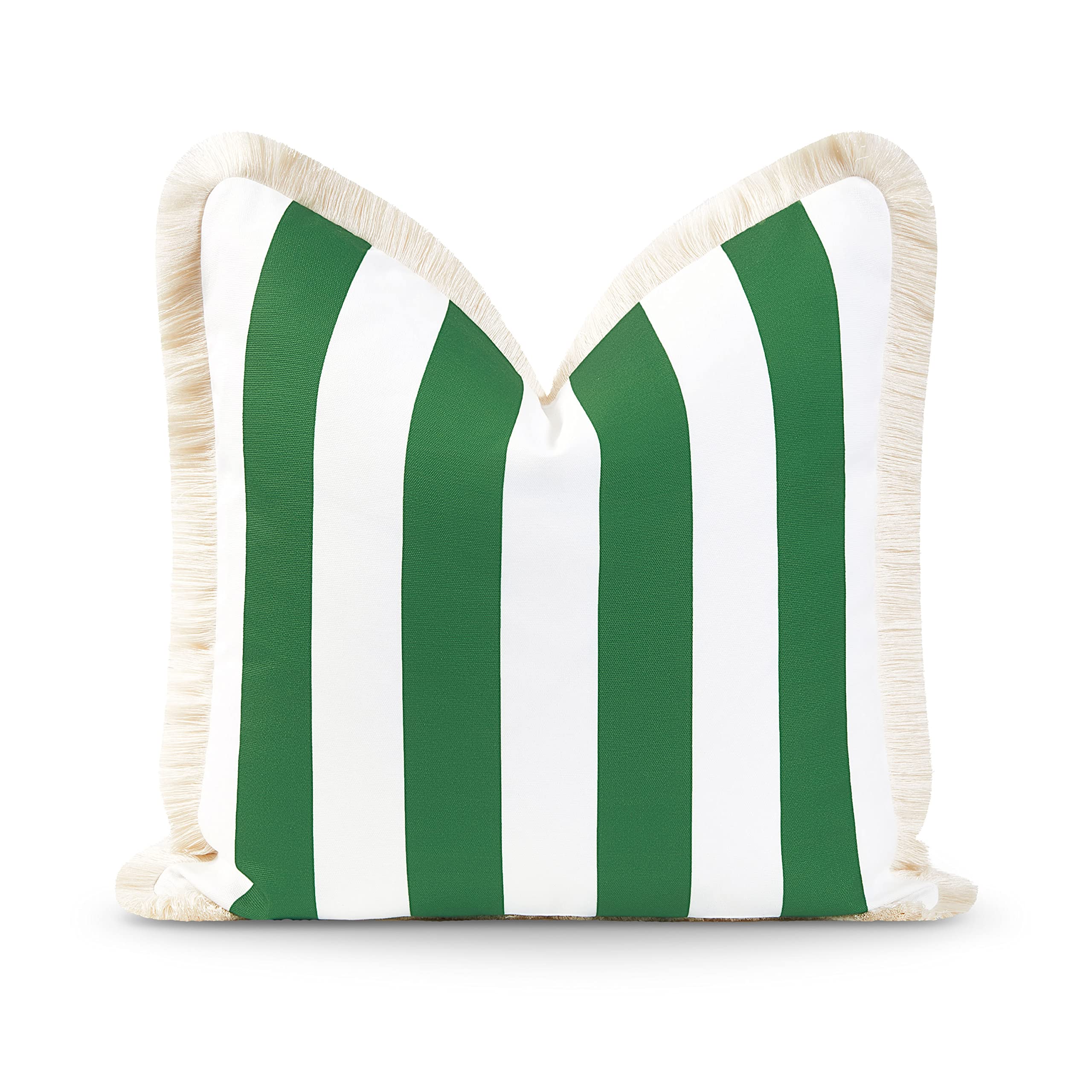 Hofdeco Premium Coastal Patio Indoor Outdoor Pillow Cover Only, 20'X20' Water Resistant For Backyard, Couch, Green Stripe Frin