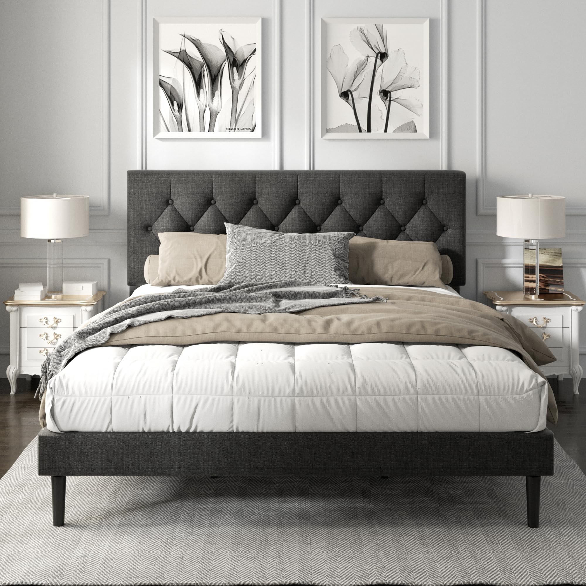 Haoara King Size Platform Bed Frame With Upholstered Button Tufted Headboard, Mattress Foundation With Wooden Slat Support, Noise Free, No Box Spring Needed, Easy Assembly, Dark Grey