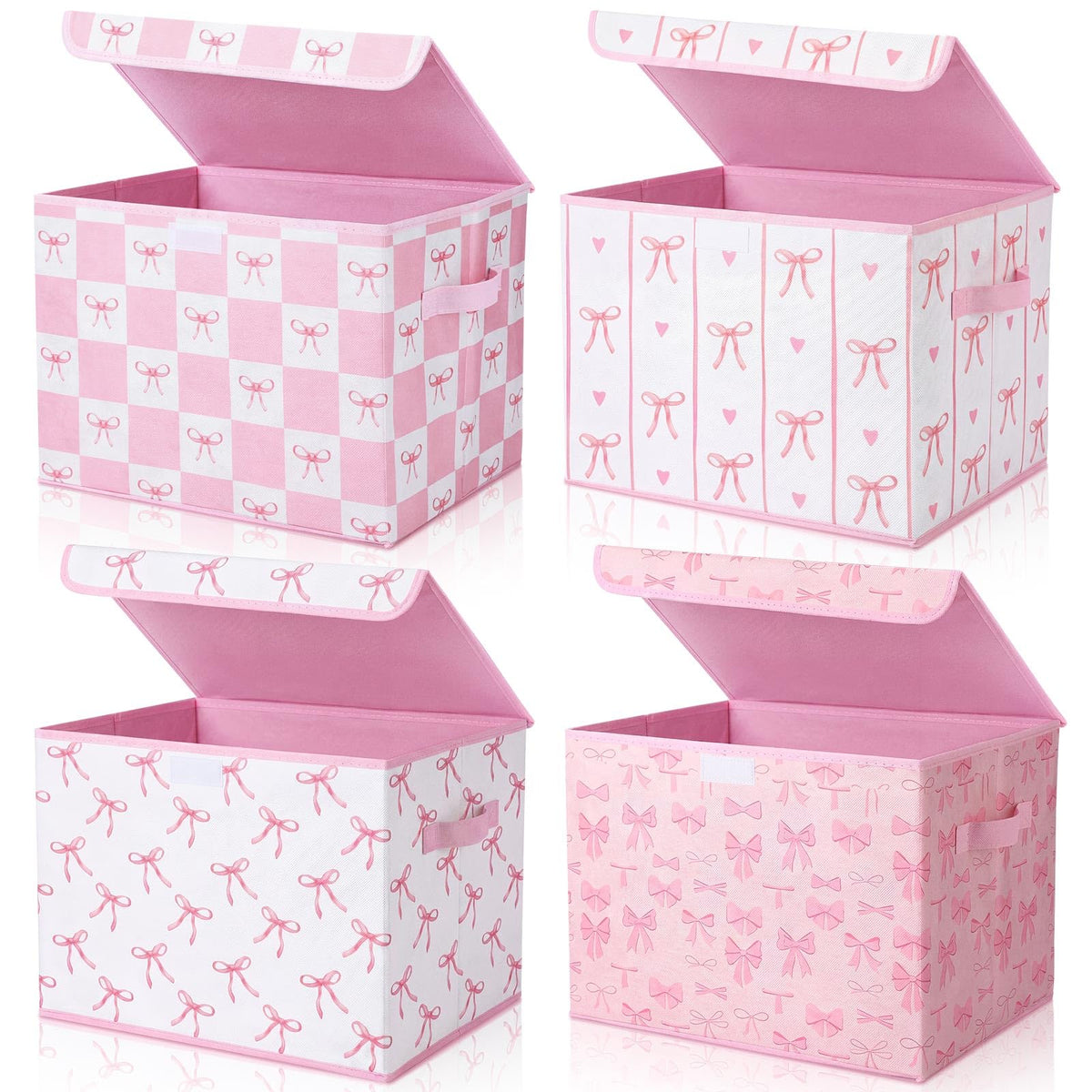CHENGU 4 Pcs Pink Bow Storage Bins with Lids, 15.7 x 11.8 x 11.8