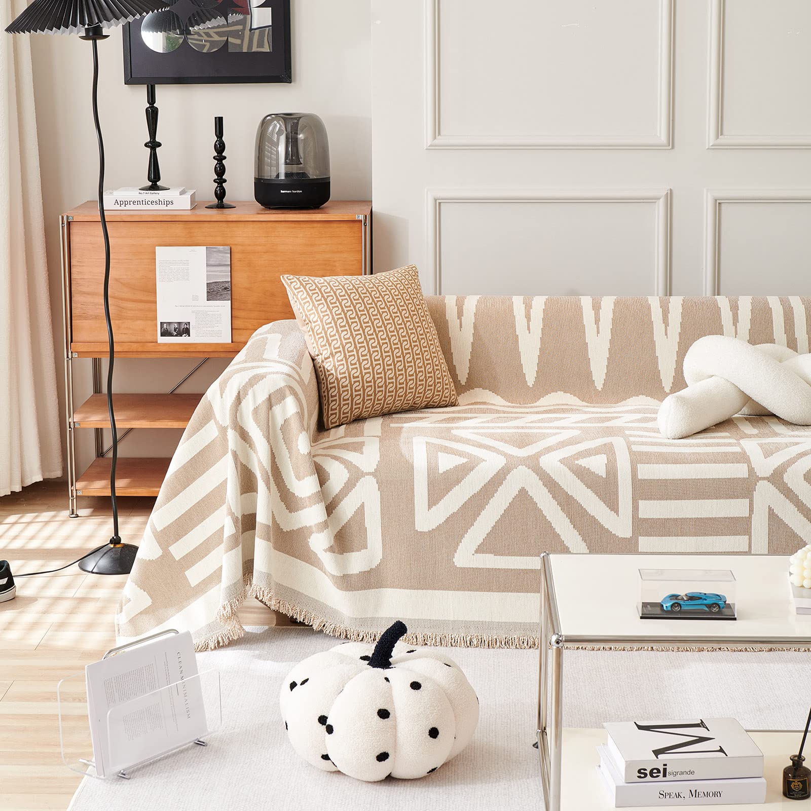 Handontime Sofa Covers For Sectional Sofa Set Boho Couch Cover For Dogs Khaki Throw Couch Cover With Tassel Loveseat Covers Futon Cover L Shaped Cover Washable Chenille Couch Protector, 91' X118'