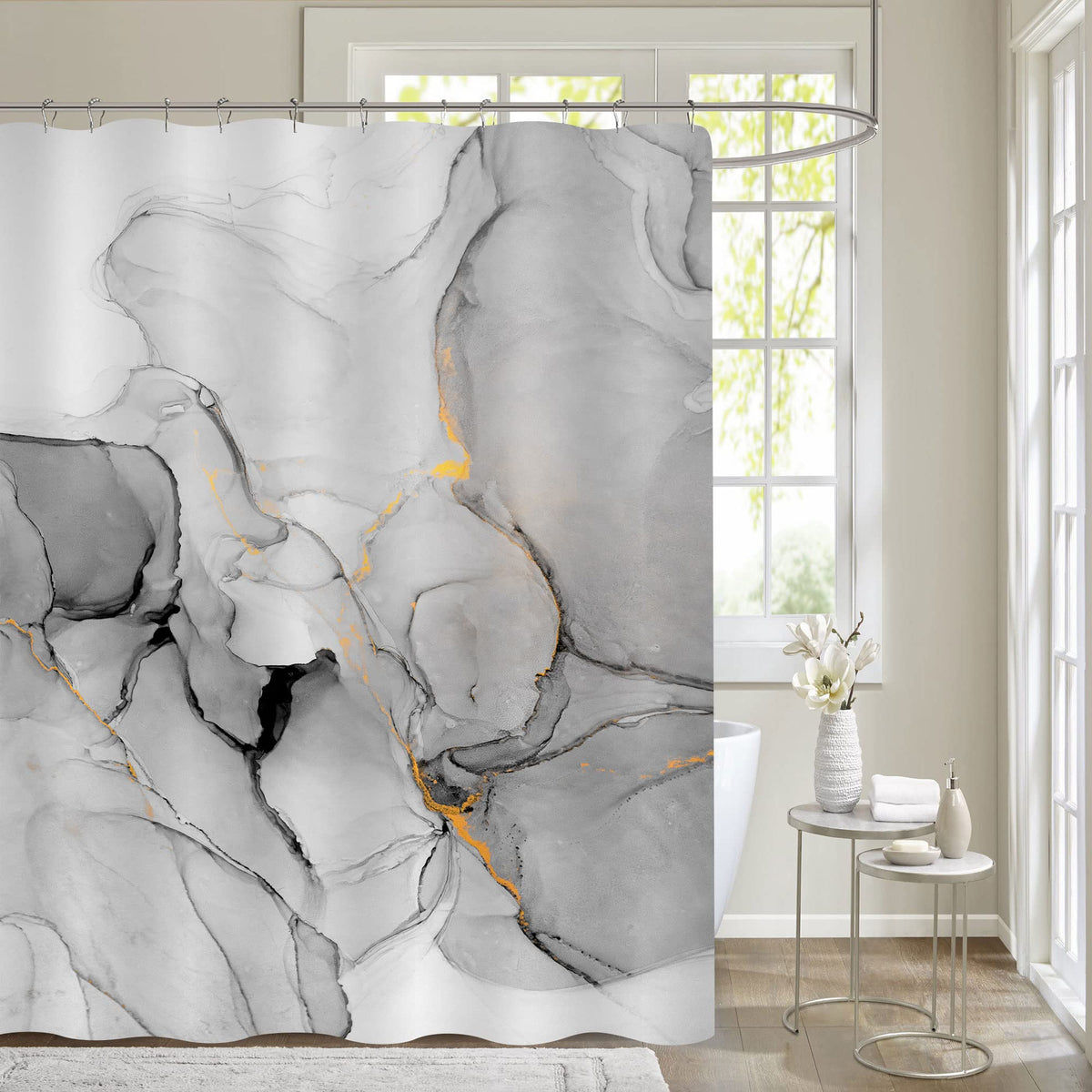 Gibelle Grey Marble Shower Curtain Set, Abstract Silver Marble Gold Stripes Fabric Shower Curtain, Modern Ink Art Decor Waterpro