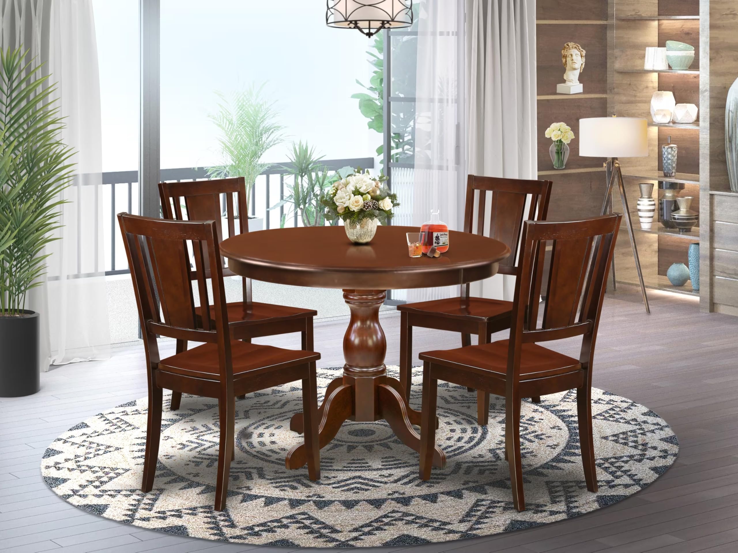 East West Furniture HBDU5-MAH-W 5 Piece Dining Room Table Set Includes a Round Kitchen Table with Pedestal and 4 Dining Chairs, 42x42 Inch, Mahogany