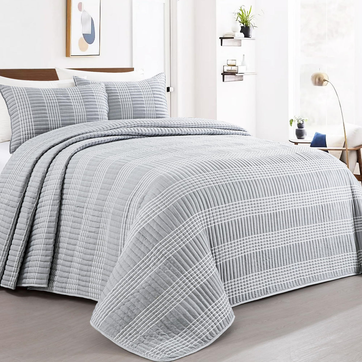 Hombys 128X120 Seersucker Patchwork Oversized King Quilt Set, Lightweight Plaid Bedspread Coverlet Set, All Season Bohemian Home