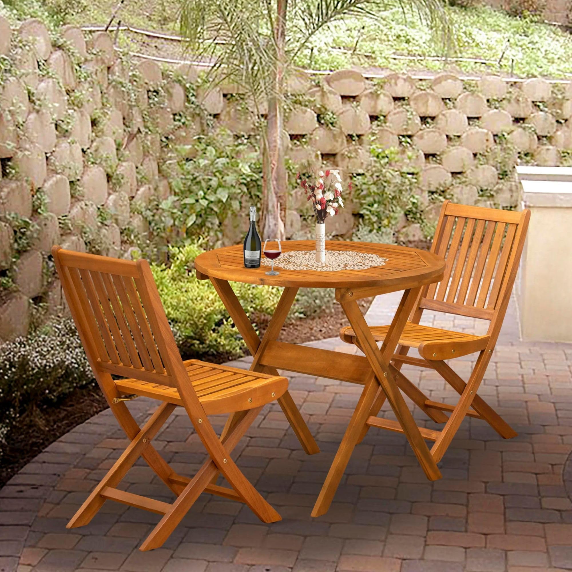 East West Furniture MNDK3CWNA Marion 3 Piece Patio Bistro Set Contains a Round Outdoor Acacia Wood Coffee Table and 2 Folding Side Chairs, 30x30 Inch, Natural Oil