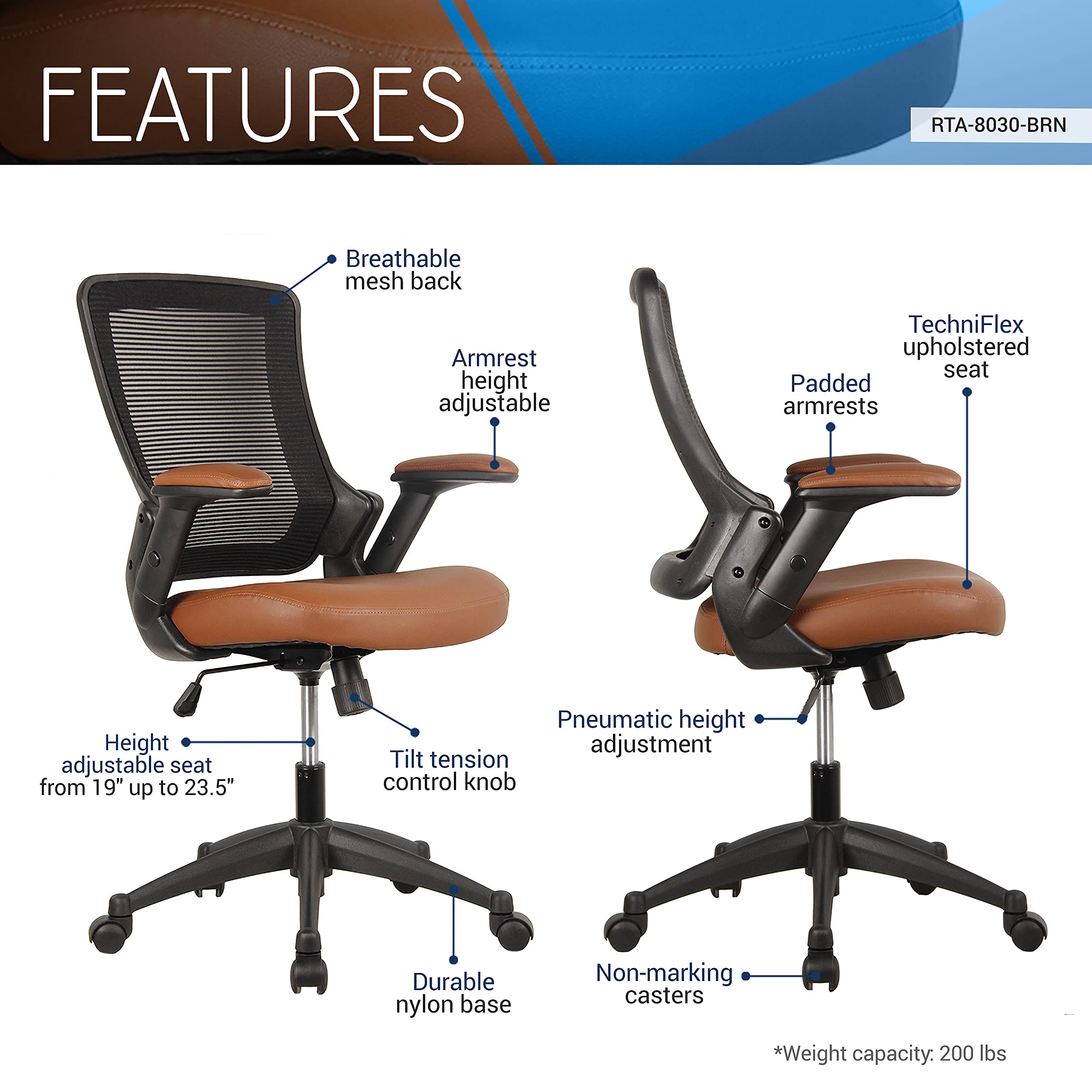 Ergonomic Office Chair with Mesh Back Rest, Height Adjustable with Flip Up Arms and Swivel, Mid-Back Task Home Office Chair, Brown