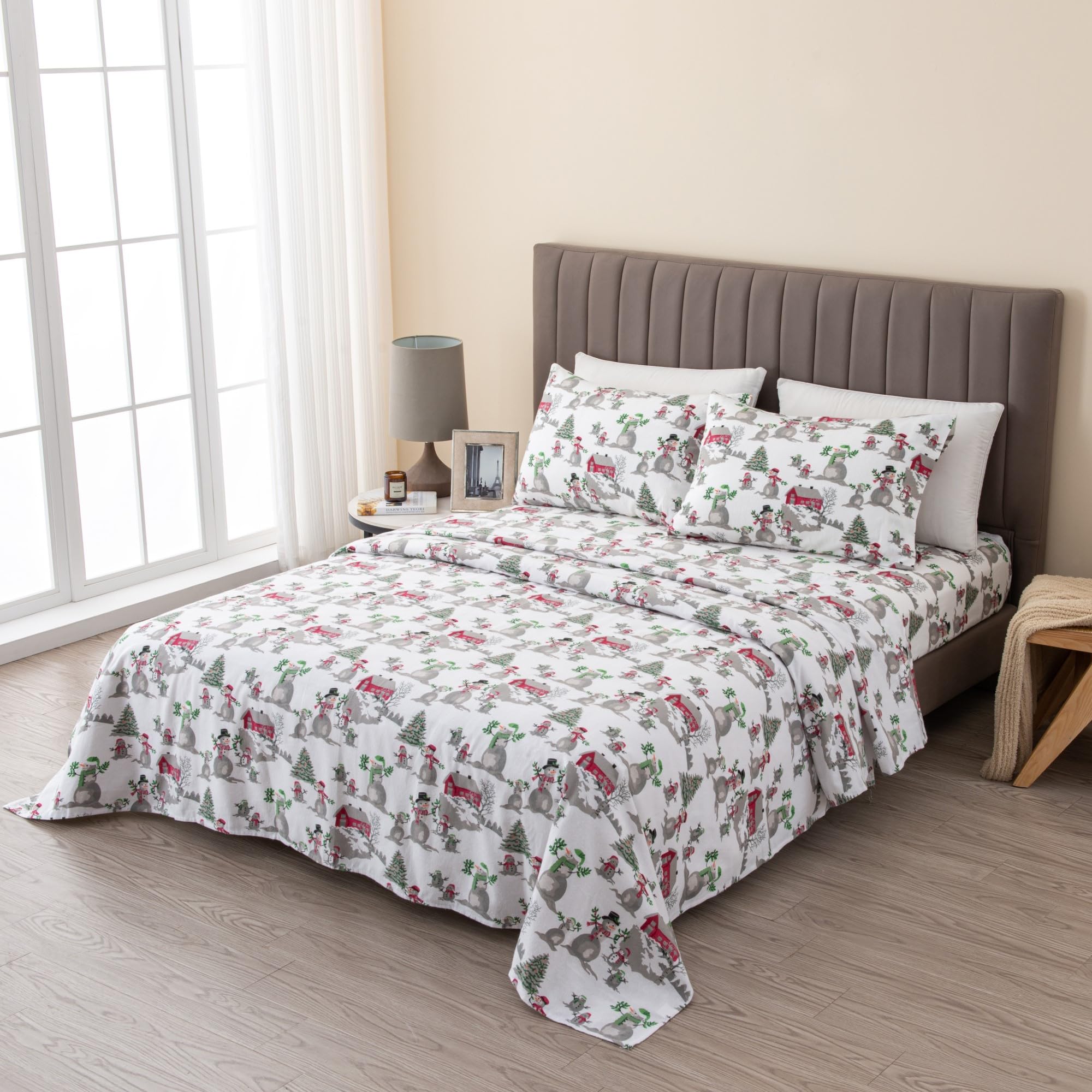 Great Bay Home 3 Piece 100% Turkish Cotton Twin Winter Lodge Flannel Sheet Set | Cotton Printed Bedding Sheets & Pillowcases | D