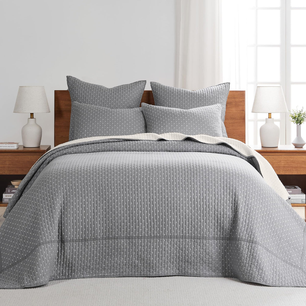 Levtex Home - Cross Stitch Grey With White Contrast Bedspread Set - Twin Quilted Bedspread And One Standard Sham - Cross Stitch