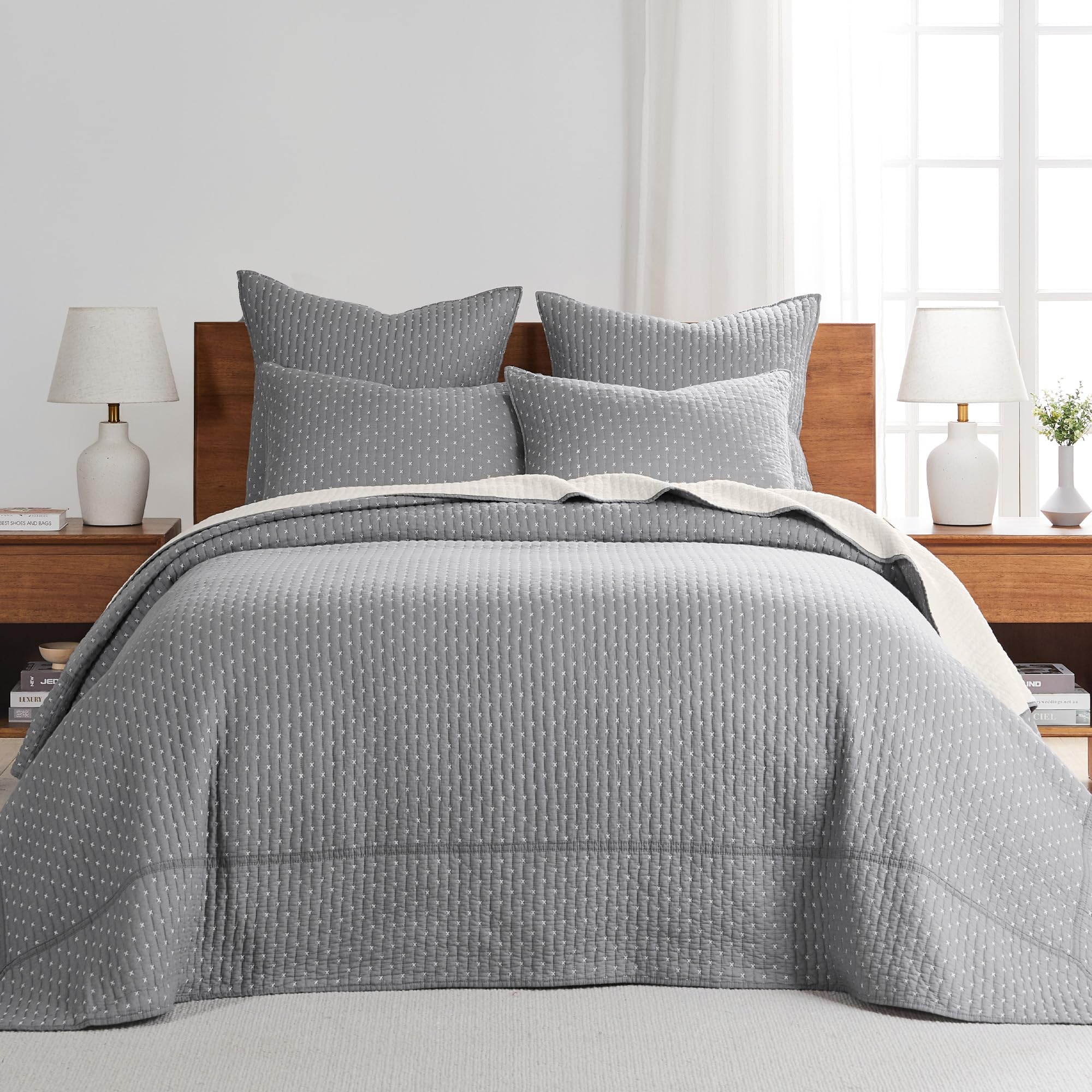 Levtex Home - Cross Stitch Grey With White Contrast Bedspread Set - King Quilted Bedspread And Two King Shams - Cross Stitch Pat