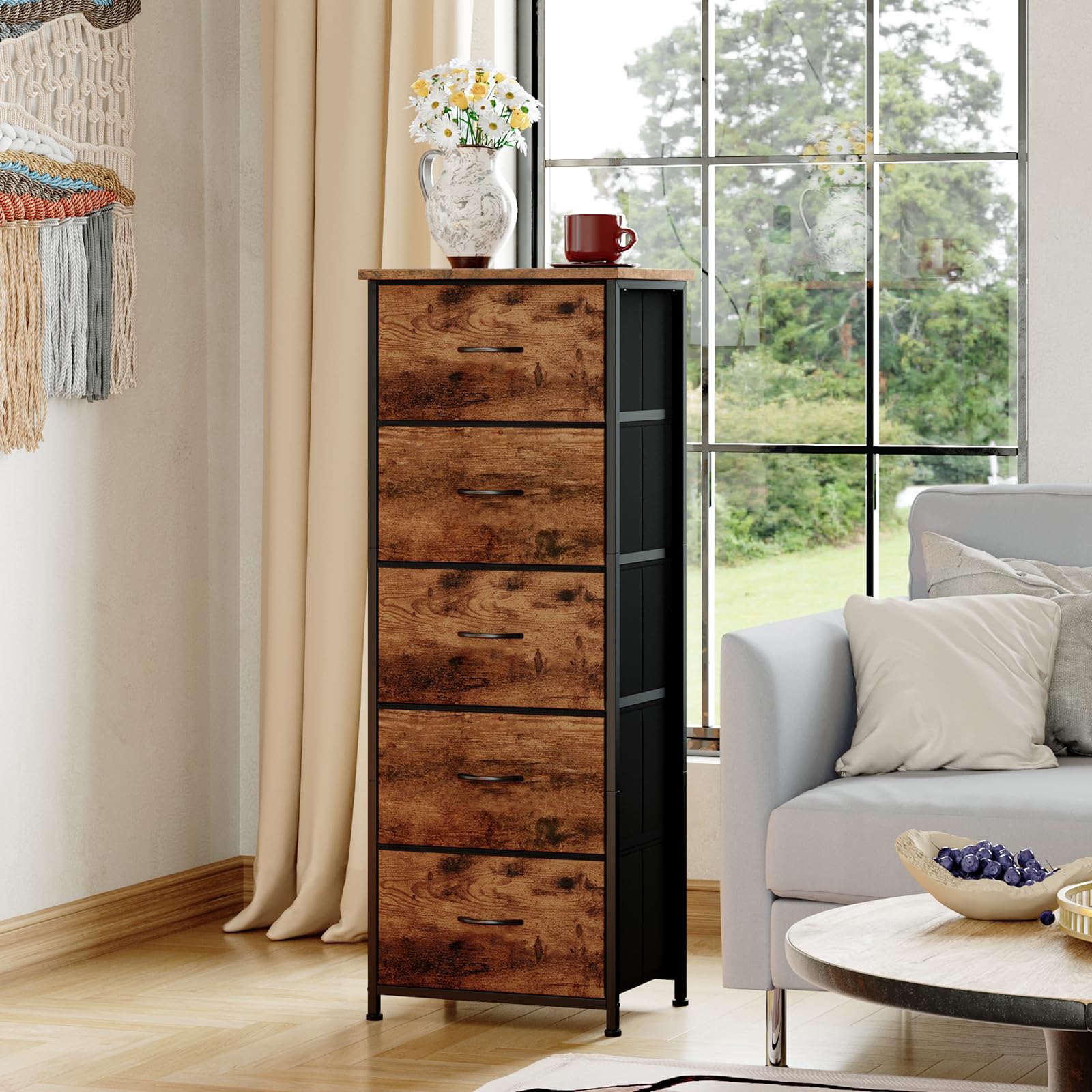 Somdot Tall Dresser For Bedroom With 5 Drawers, Storage Organizer Chest Of Drawers With Removable Fabric Bins For Closet Bedside Nursery Laundry Living Room Entryway Hallway, Wood Grain Print
