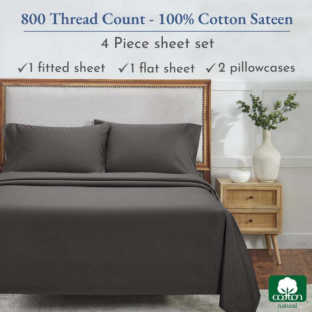 California Design Den Luxury 100% Cotton Sheets King Size Sheet Set - Buttery Soft 800 Thread Count - Beats Fake Egyptian Claim, Bedding Set With Durable Deep Pocket Fitted Sheet (Grey)