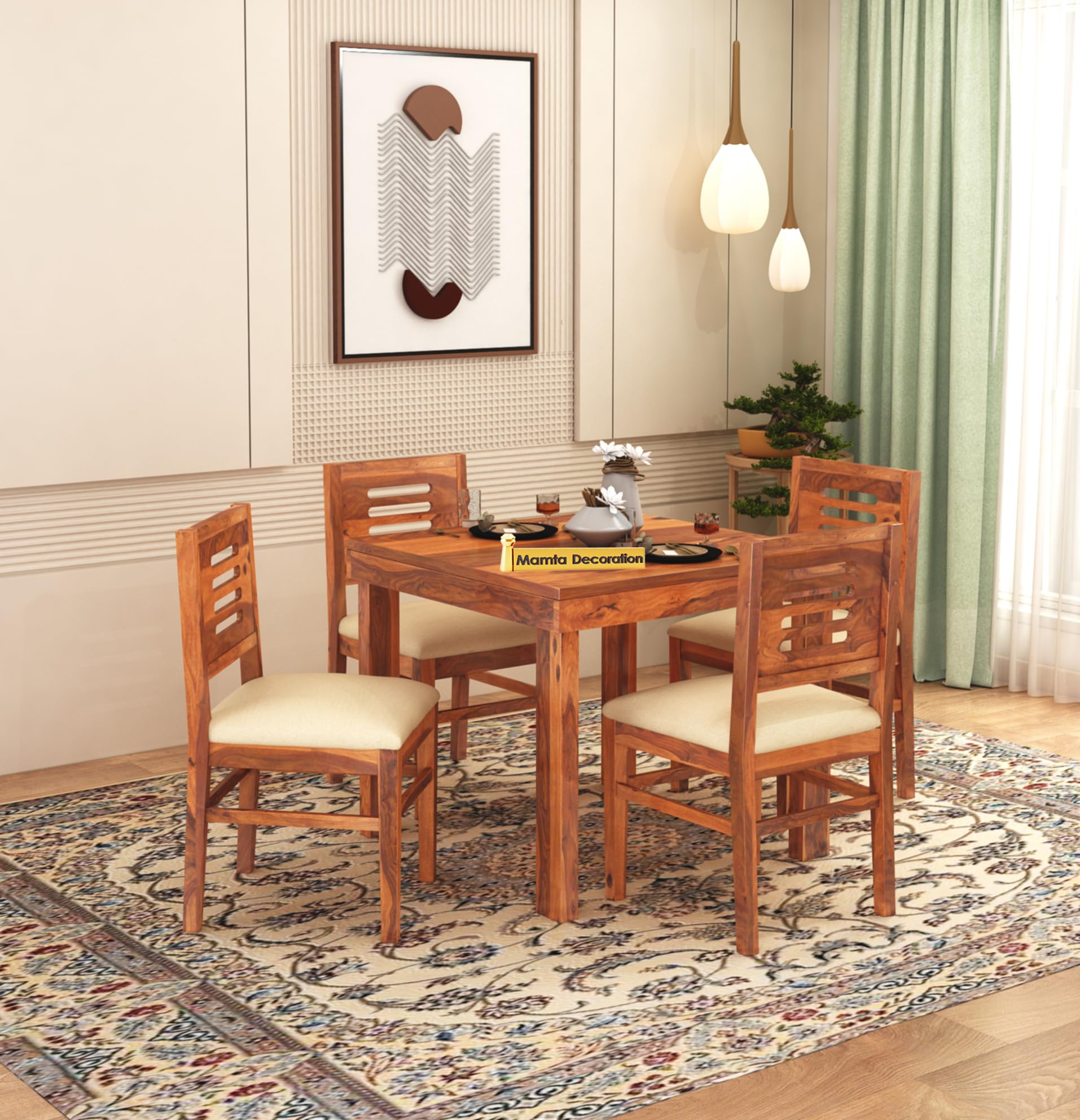Mamta Decoration Sheesham Wood 4 Seater Dining Table With 4 Cushioned Chairs Wooden Dining Set For Home Living Room (Honey Finis