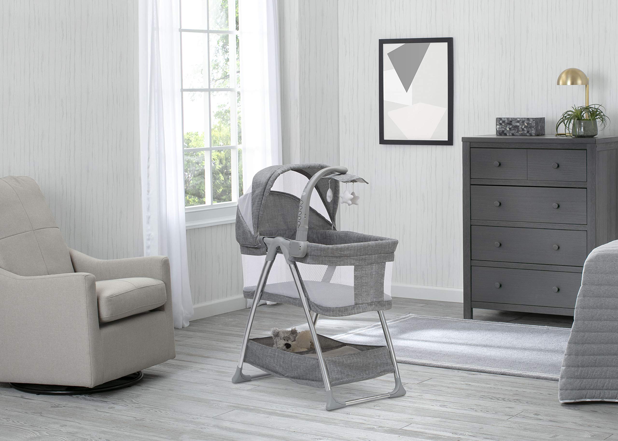 Simmons Kids City Sleeper Bedside Bassinet Portable Crib - Activity Mobile Arm With Nightlight, Vibrations, Twinkle Lights And Rotating Stars, Grey Tweed