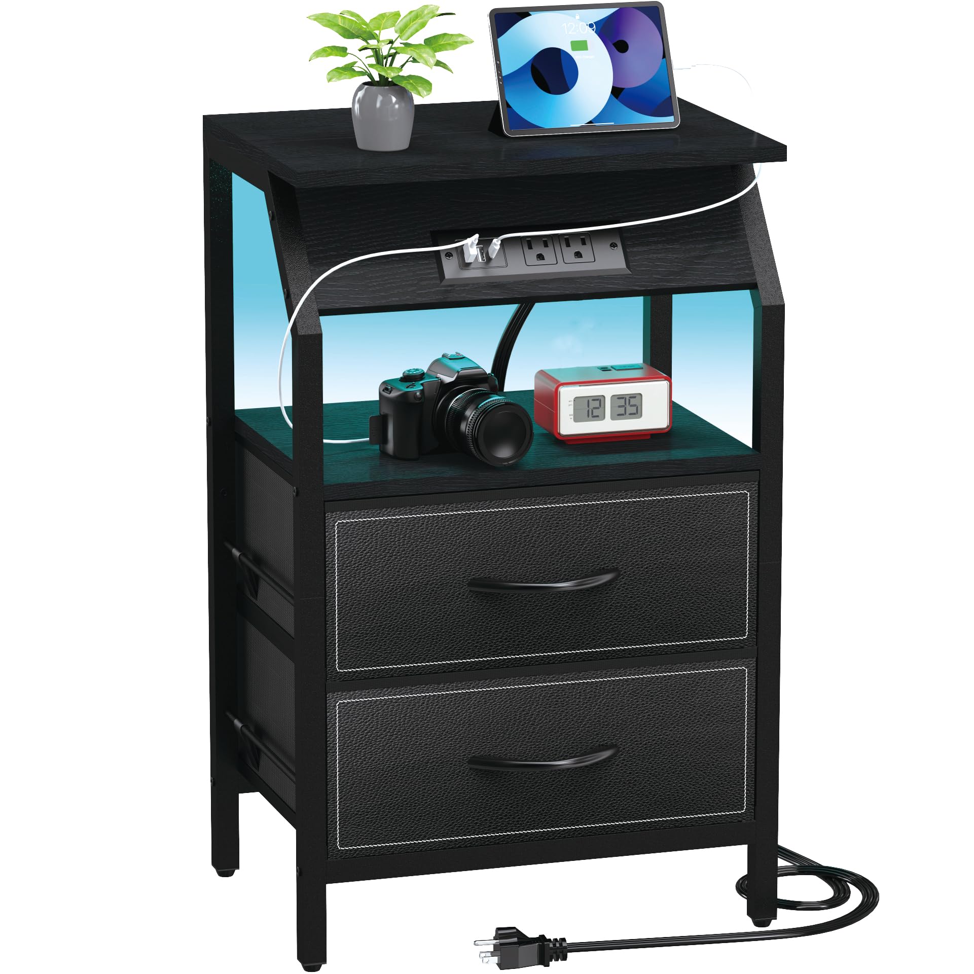 Szlhanjz End Table With Light, Led Nightstand With 2 Drawers And Type C Charging Station, Small Fabric Dresser For Bedside, Storage Side Table For Living Room, Dorm, Black