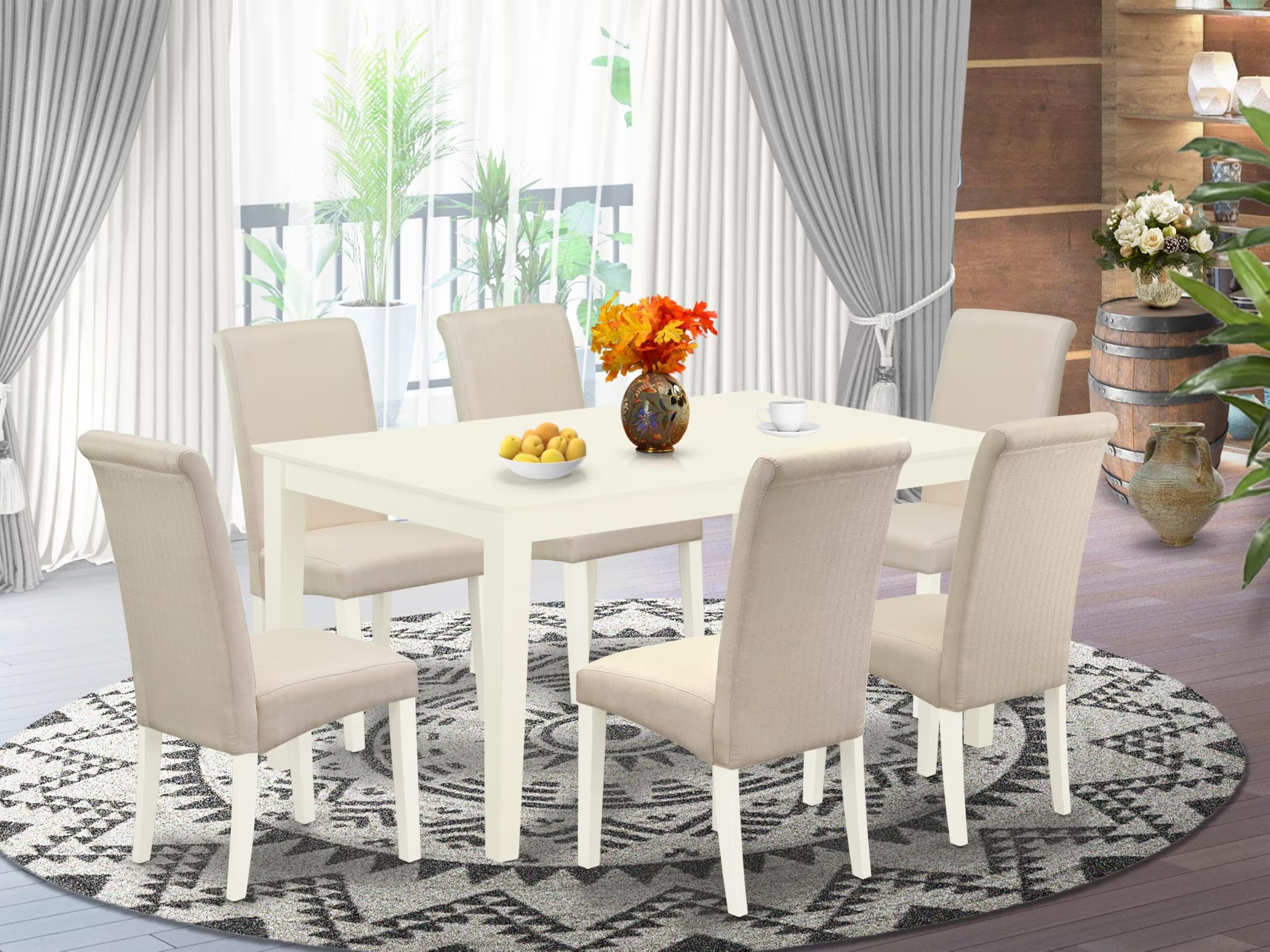 East West Furniture Caba7-Lwh-01 7 Piece Dining Room Furniture Set Consist Of A Rectangle Dining Table And 6 Cream Linen Fabric Upholstered Parson Chairs, 36X60 Inch, Linen White