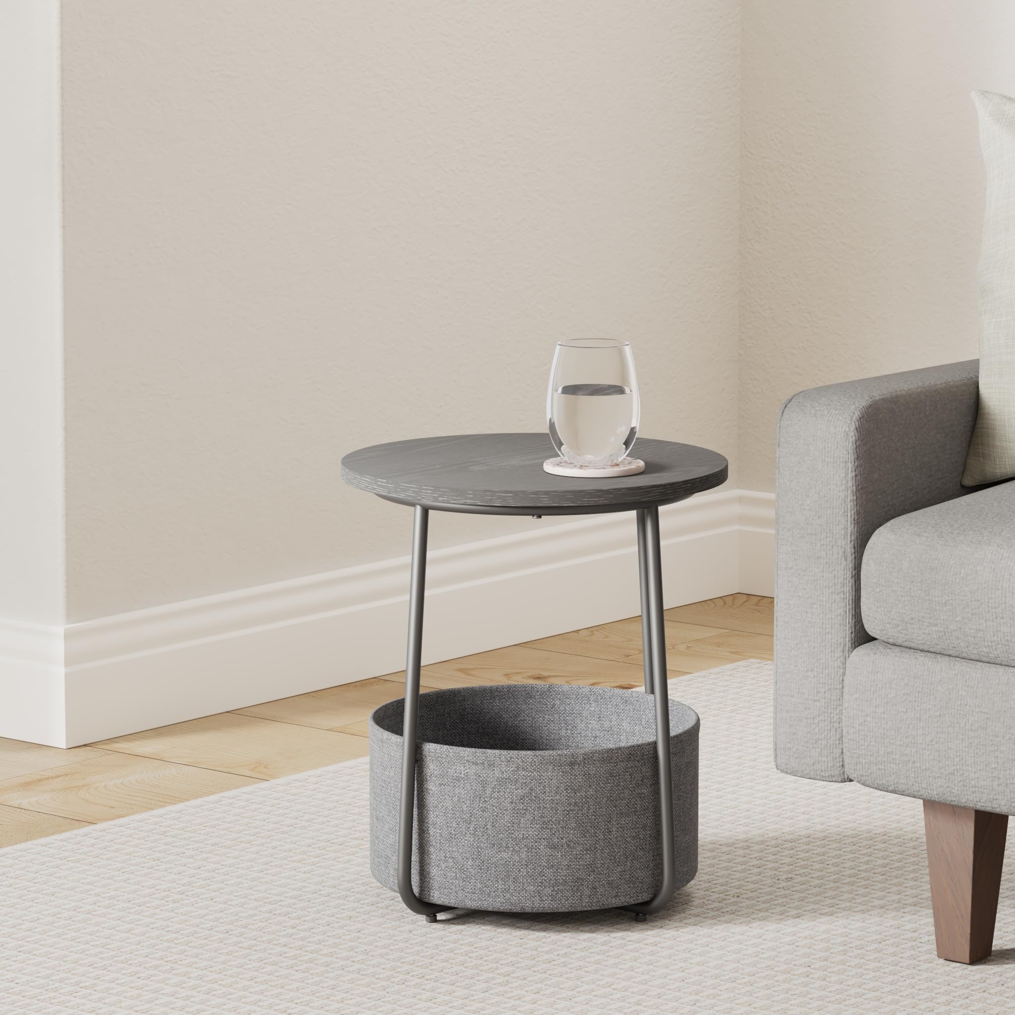 Vasagle End Table, Small Bedside Table With Fabric Basket, Modern Nightstand, Round Side Table, For Living Room, Bedroom, Ebony Black And Slate Gray Ulet223B01