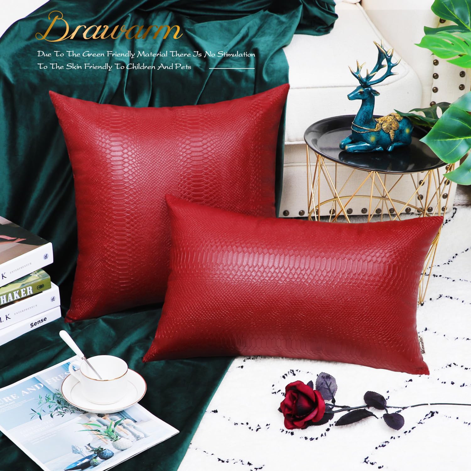Brawarm Christmas Red Leather Throw Pillows 20 X 20 Inches, Snake Leather Pillow Covers Pack Of 2, Faux Leather Decorative Pillo