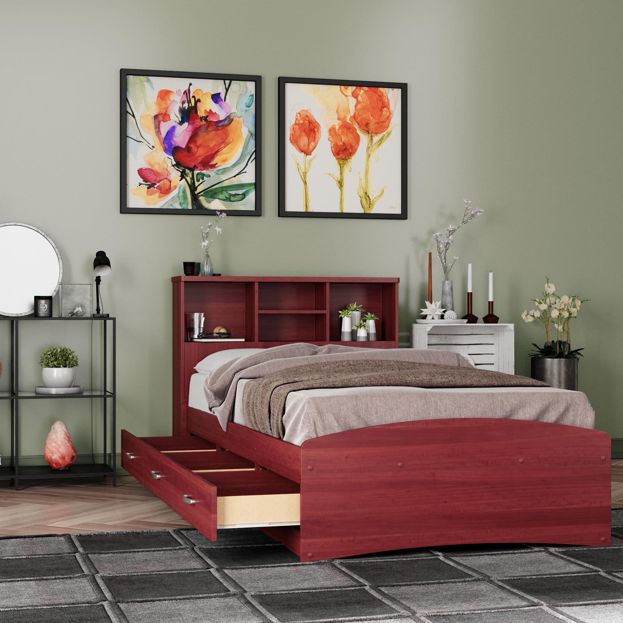 Bed with 3 Drawers and Bookcase Headboard (Mahogany, Twin)