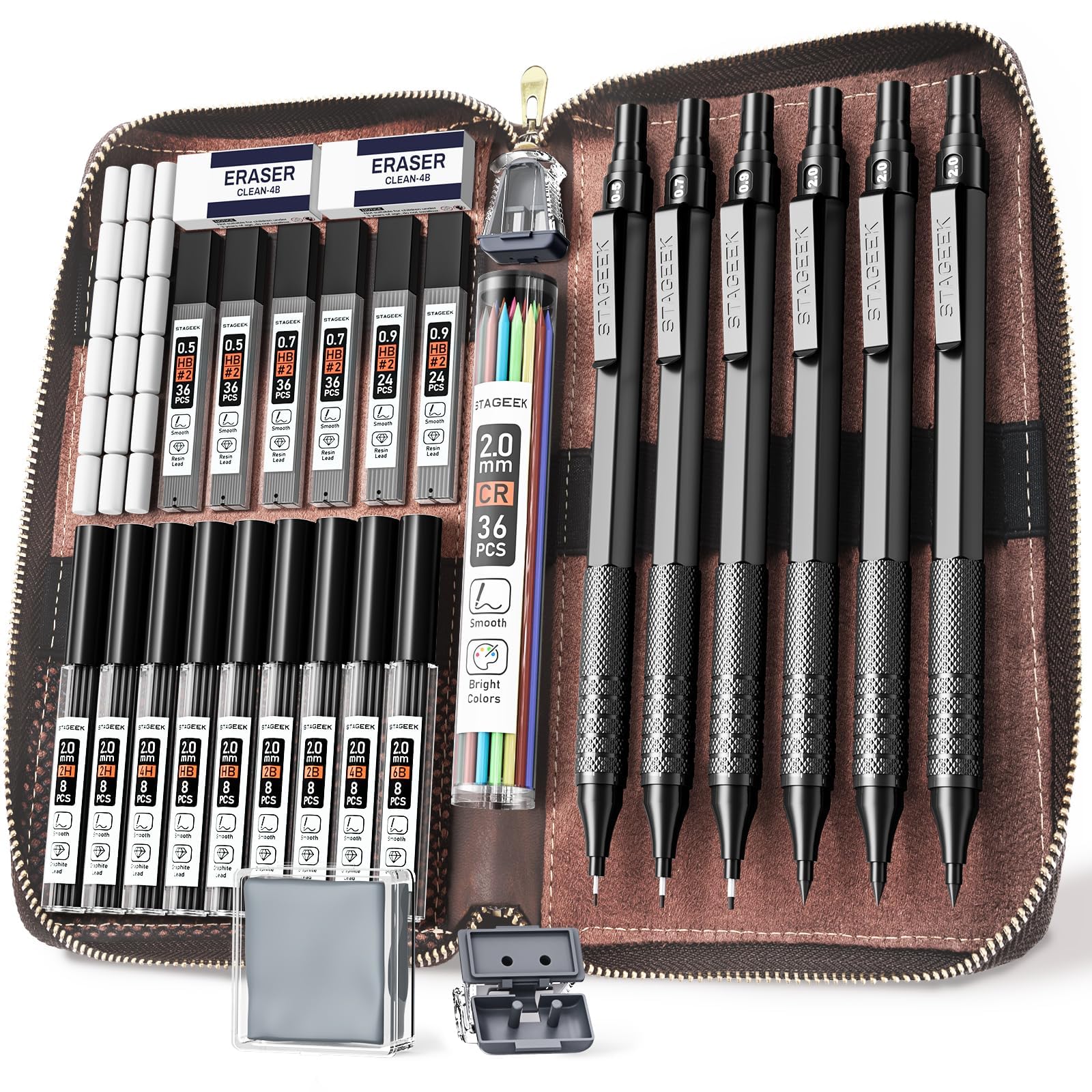 Stageek 30Pcs Metal Mechanical Pencil Set With Leather Case, 0.5/0.7/0.9/2.0Mm Art Drafting Pencils, 16 Tubes Graphite Leads (6B