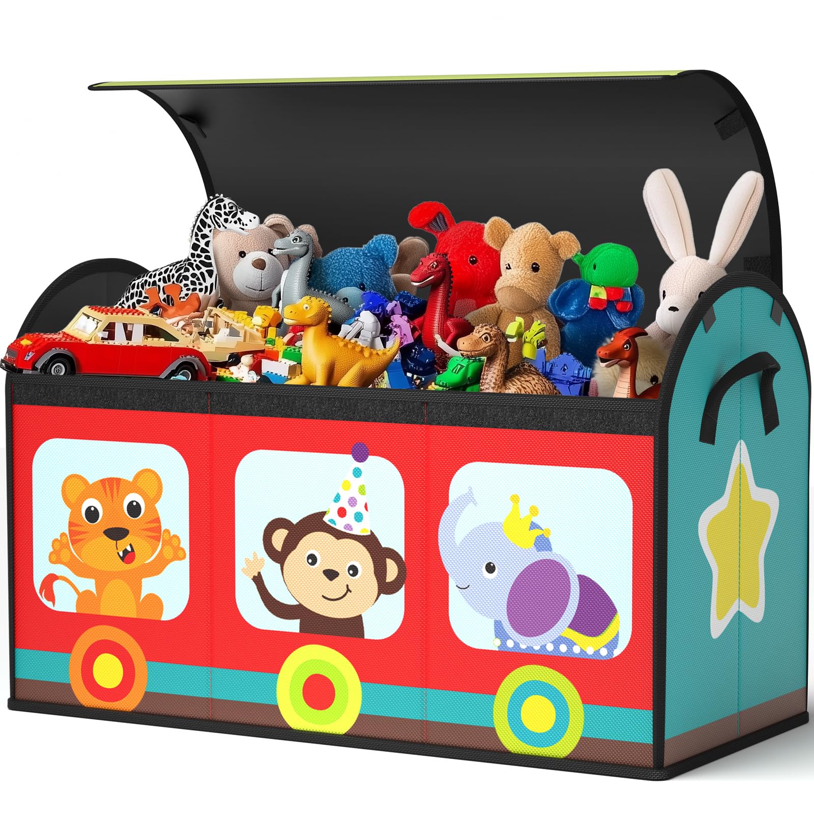 YOHOOLYO Toy Storage Organizer for Kids, 28.3x12.6x17.3 Large Sturdy Flip-Top Toy Box with Fabric Lid & Handles, Cute Train Desi