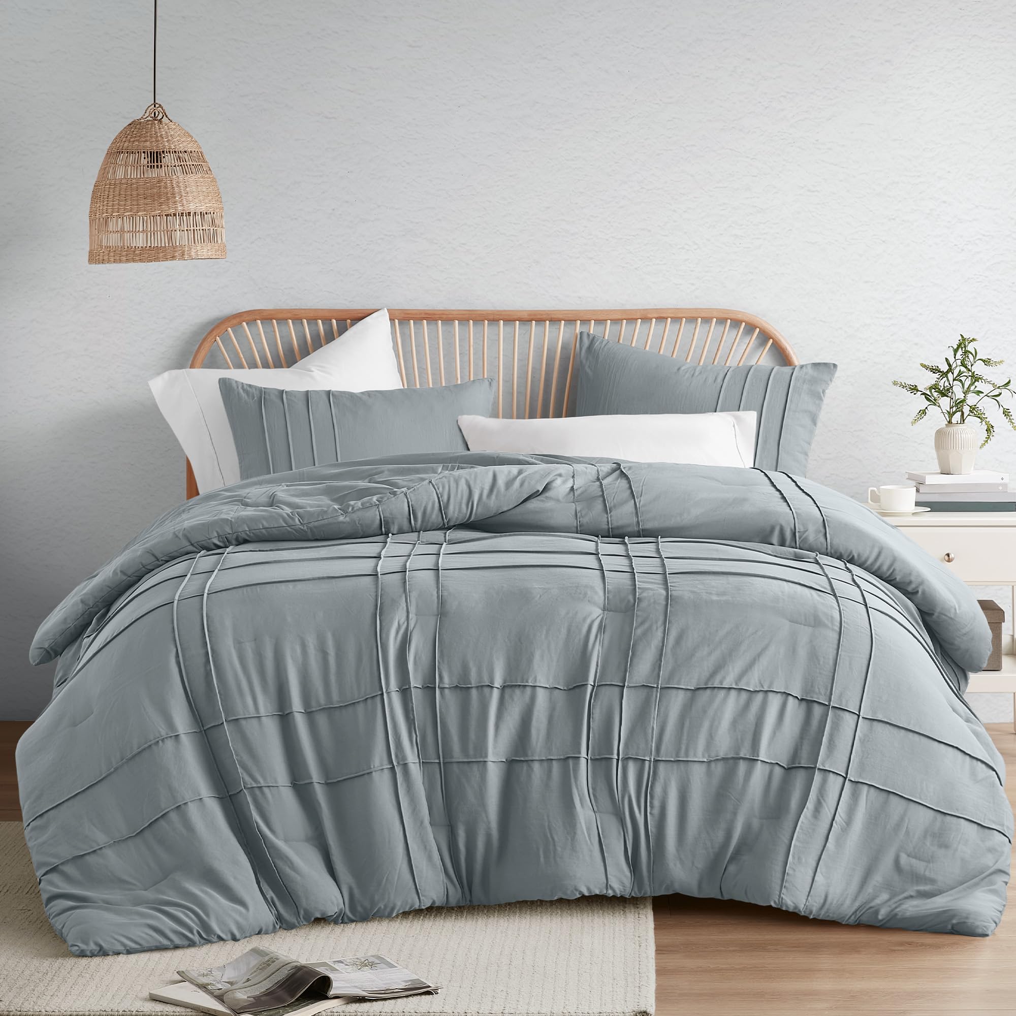 Comfort Spaces Blue/Grey Queen Size Comforter Set - 3 Pieces Pintuck Pleated Bedding Sets Queen, All Season Lightweight, Extra S
