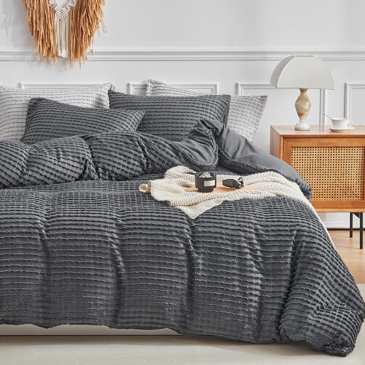 Warmdern Boho Duvet Cover Set Queen Size,Dark Grey Striped Duvet Cover Microfiber Bedding Set,3Pcs Ultra Soft Breathable Lightwe