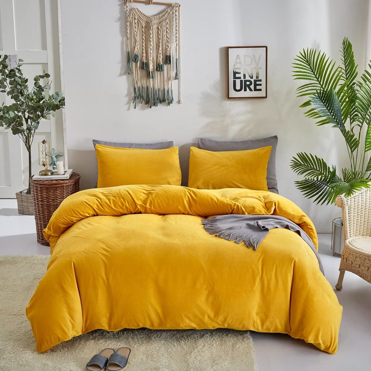 Houseri Mustard Yellow Velvet Comforter Set Twin Girls Boys Yellow Fluffy Bedding Comforter Twin Dark Yellow Sherpa Comforter Ki