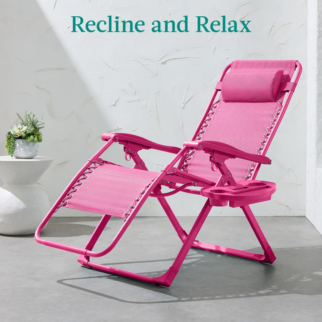 Best Choice Products Adjustable Zero Gravity Chair, Monochromatic Color Folding Patio Recliner W/Side Tray, Headrest - Hot Pink