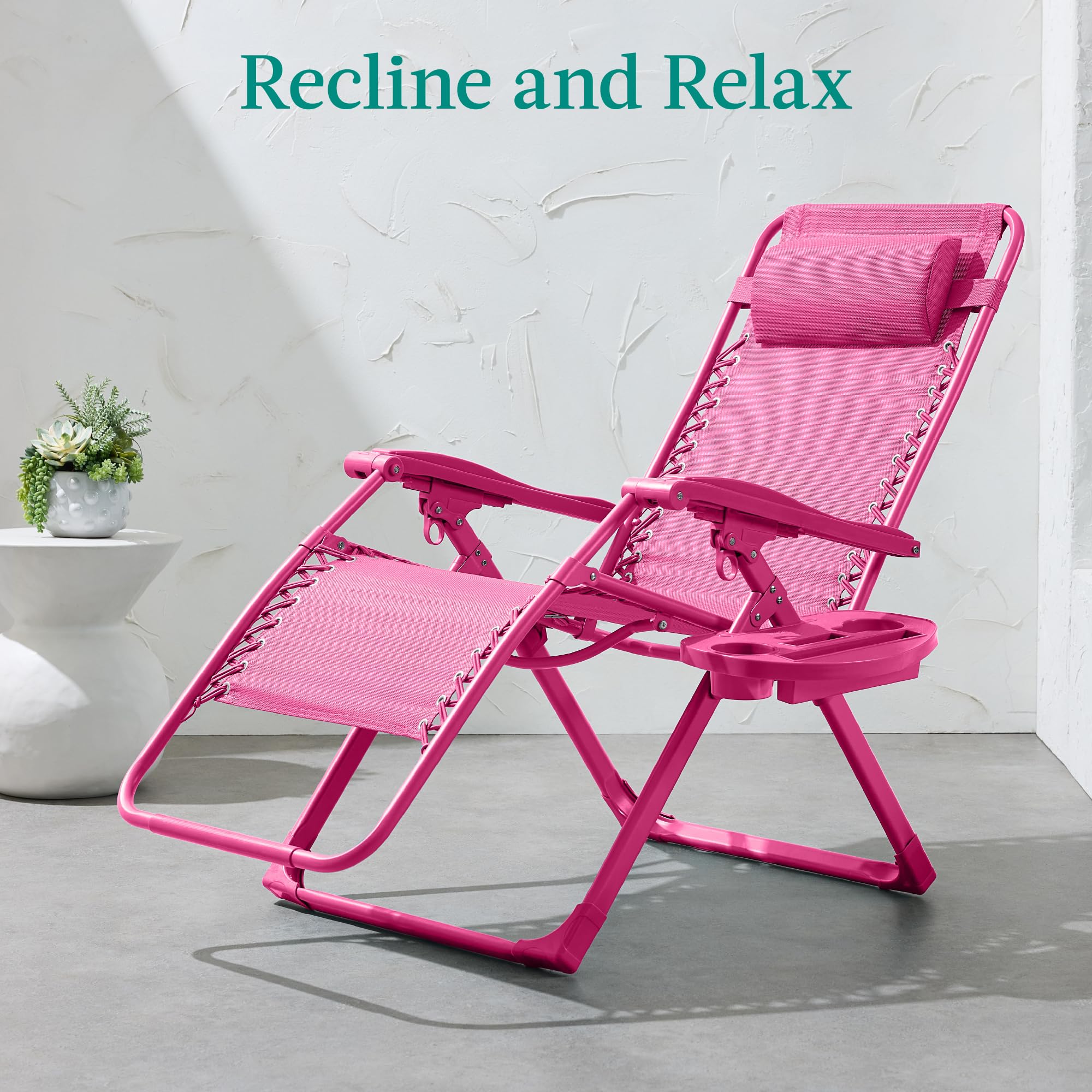 Best Choice Products Adjustable Zero Gravity Chair, Monochromatic Color Folding Patio Recliner W/Side Tray, Headrest - Hot Pink