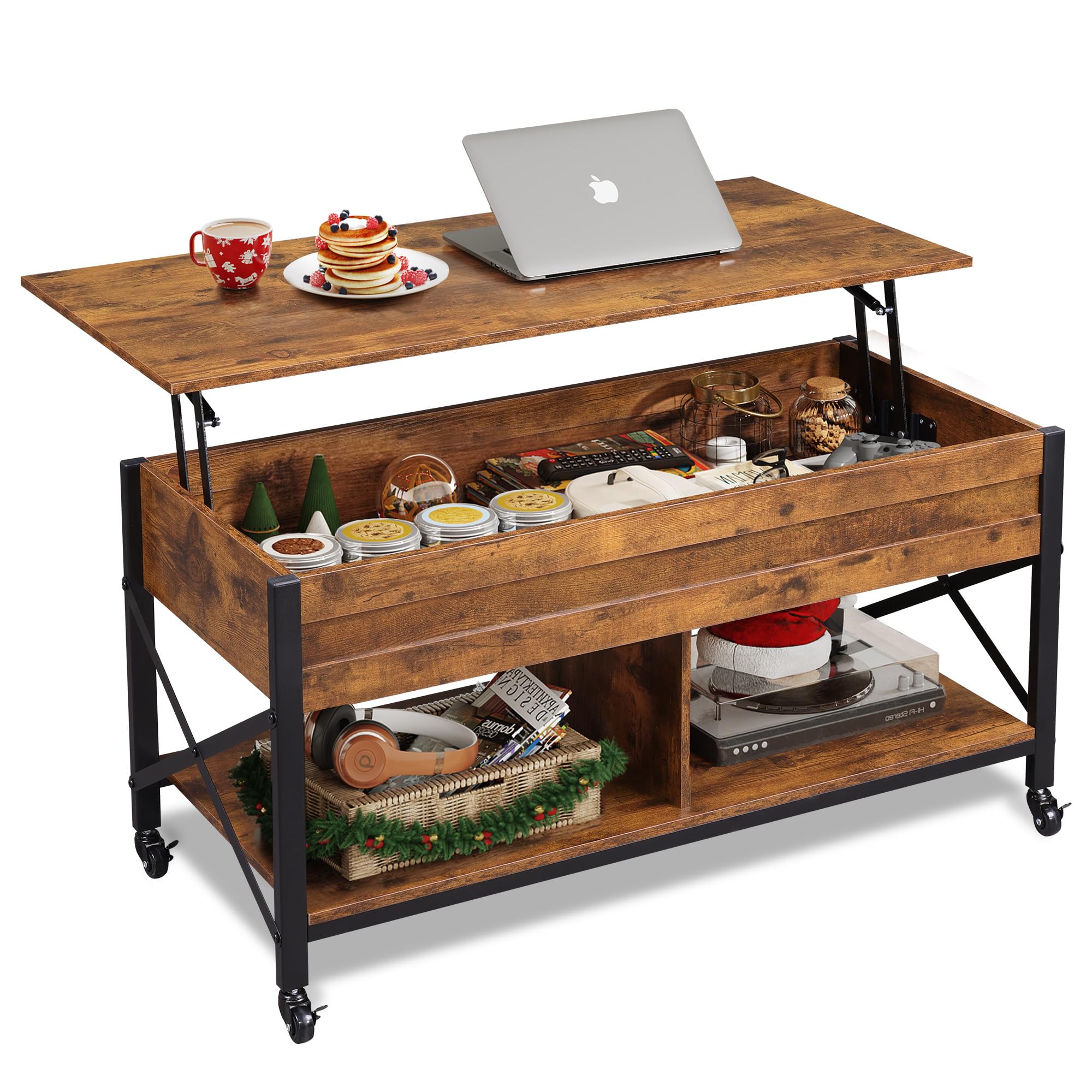 Wlive Coffee Table, 41.3' Lift Top Coffee Table With 4 Wheels, Hidden Compartment, Storage Shelf And Lift Tabletop For Living Room, Reception Room, Rustic Brown
