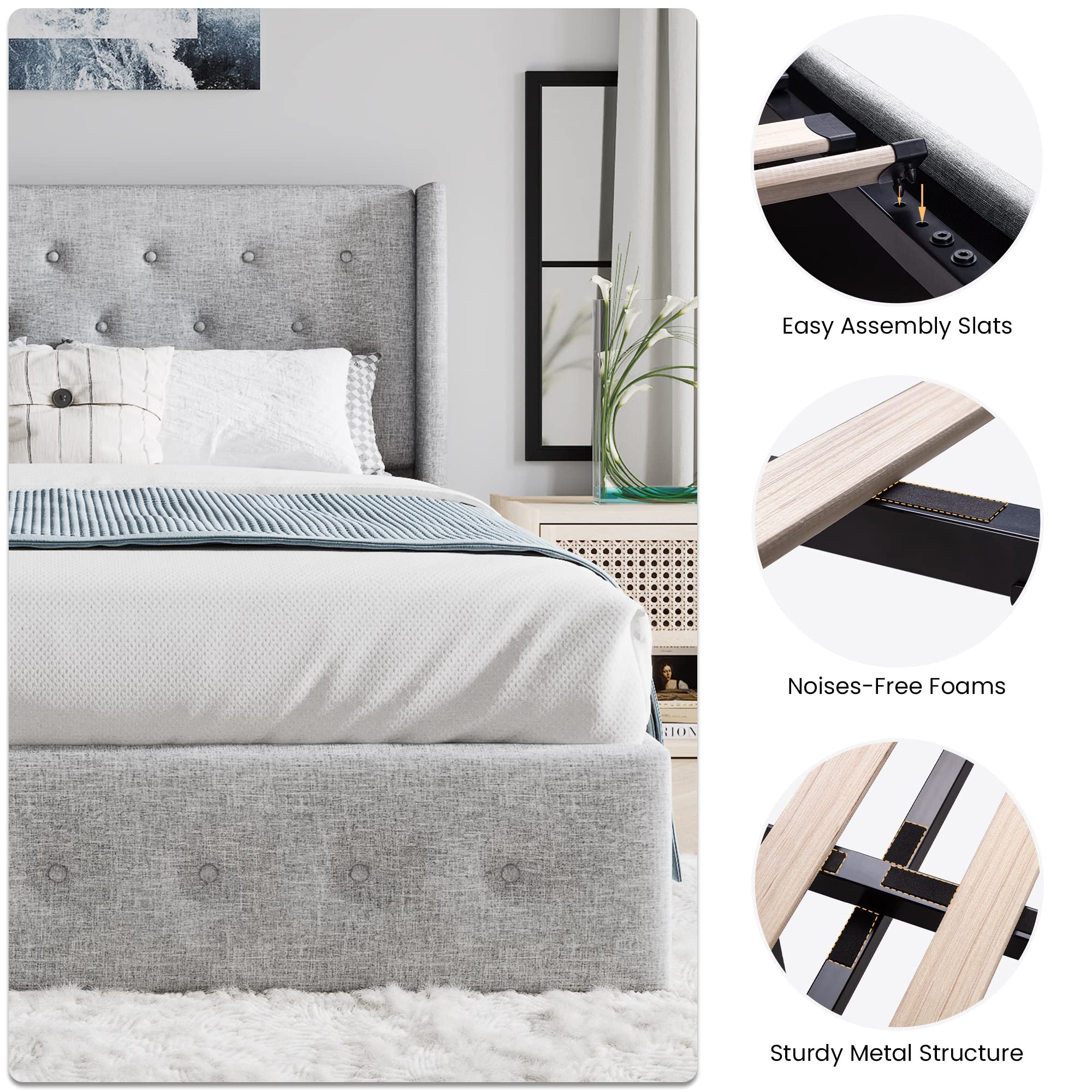 Sha Cerlin King Size Lift Up Storage Bed/Button Tufted Wingback Headboard/Hydraulic Storage/Upholstered Platform Bed Frame/No Box Spring Needed/Wood Slats Support/Light Grey