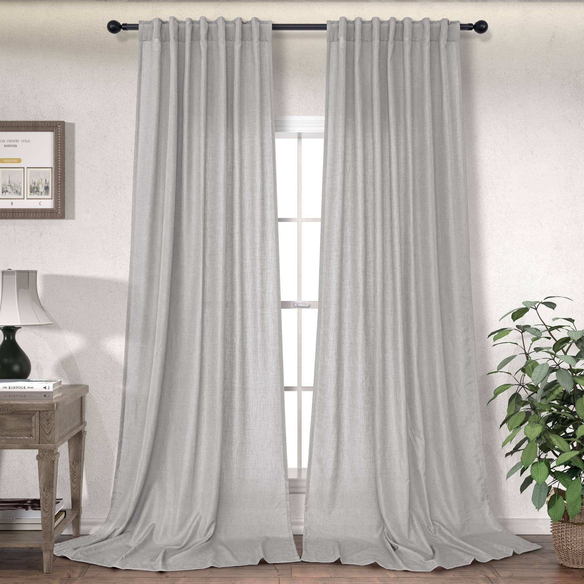 Light Grey Long Curtains 108 Inch Length For Living Room Dining 2 Panels Set Back Tab Loop Pocket Drape Semi Privacy Sheer Linen