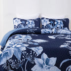 Drucon Floral Quilt Set Queen 3 Pieces Navy Blue Floral Quilt Coverlet Set Soft Microfiber Lightweight Navy Blue Quilted Bedspre