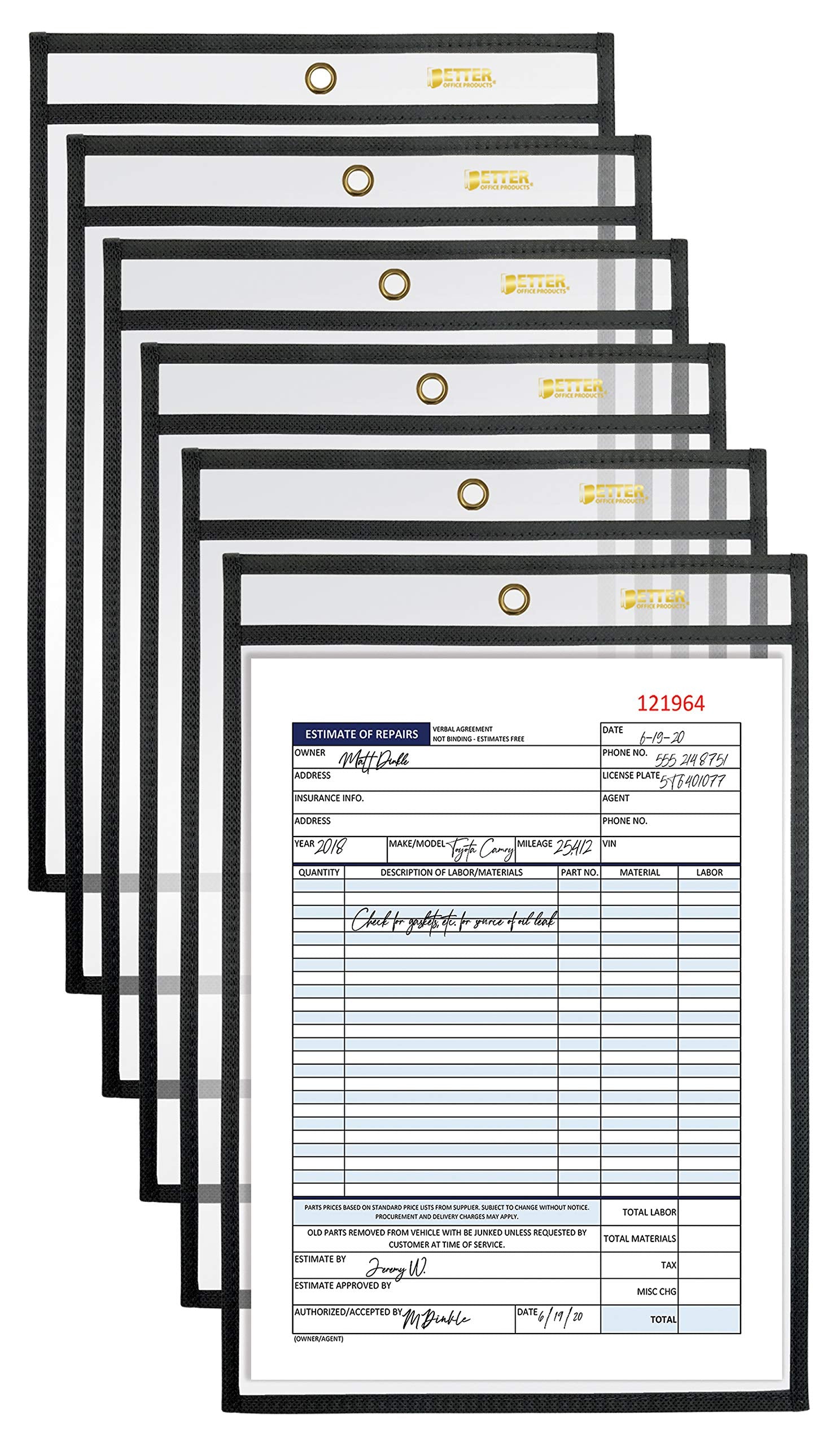 Better Office Products Shop Ticket Holders, 6 X 9 Inches, Both Sides Clear, Stitched Black Edge Trim, 20 Pack