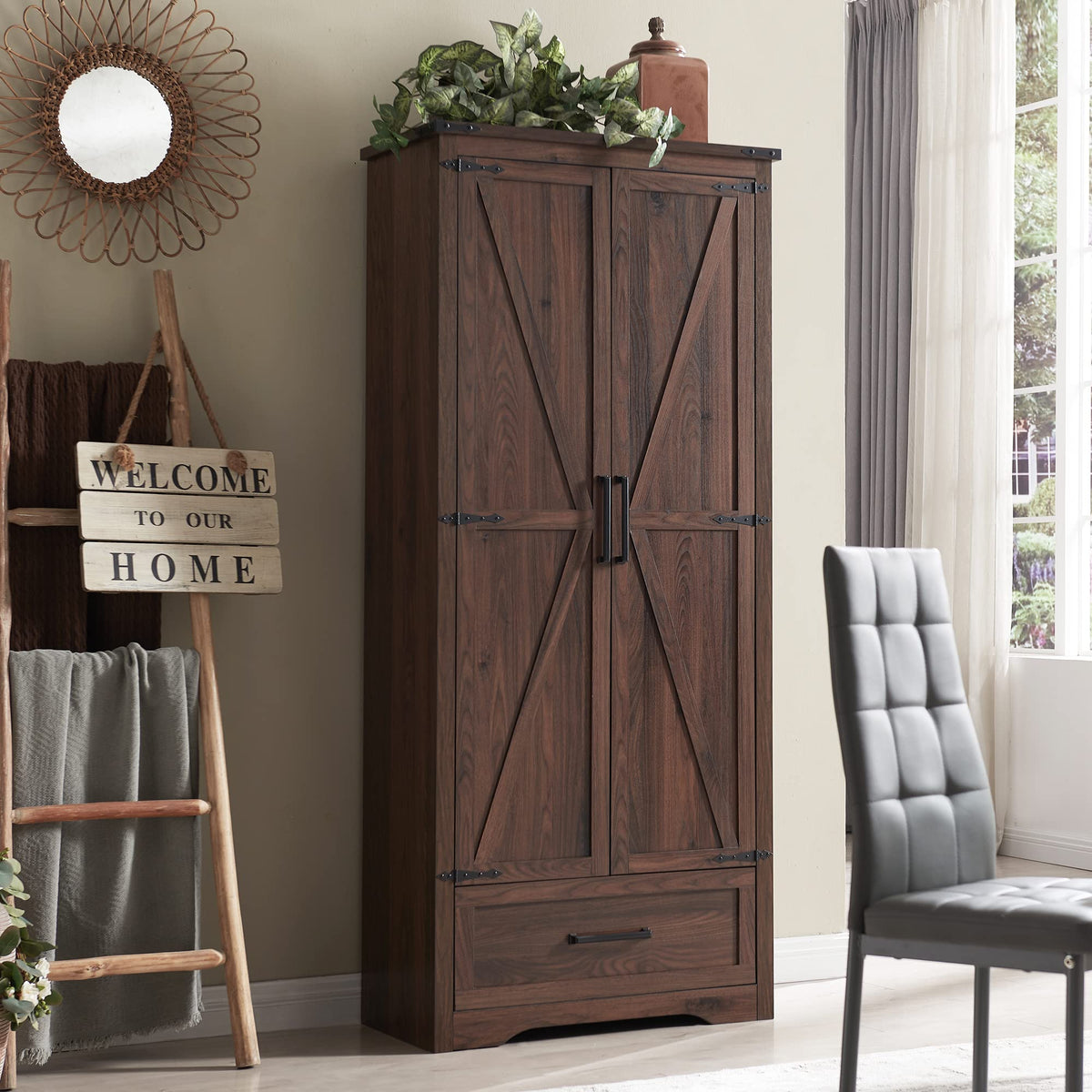 Jxqtlingmu Farmhouse Kitchen Pantry Cabinet - 72' Tall Wood Kitchen Storage Cabinets With Adjustable Shelves & 2 Barn Doors & Drawer, Versatile Storage For Dining Room, Bathroom, Brown