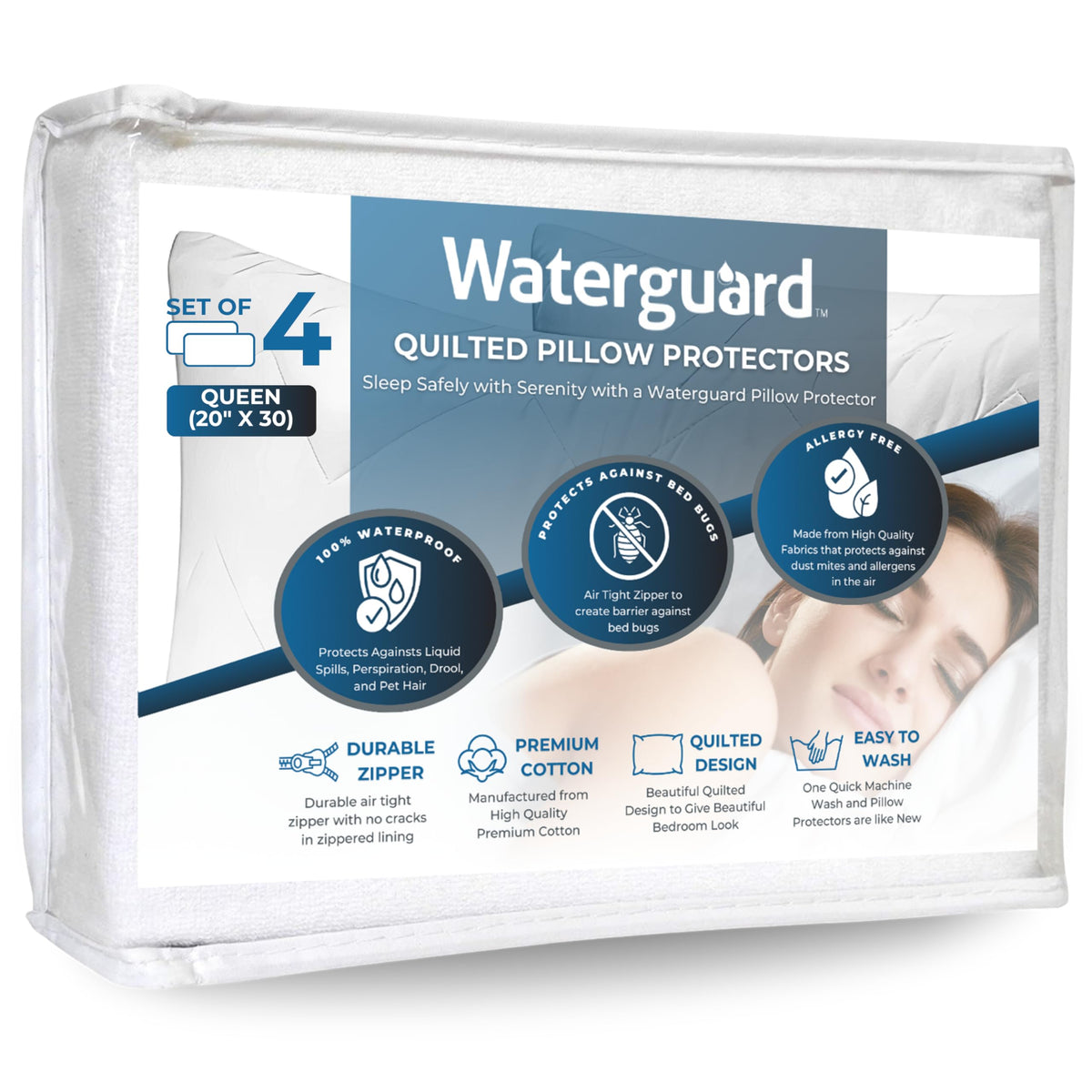 Waterguard Waterproof Pillow Protectors Quilted, Zippered Pillow Cases, 100% Cotton Top, Microfiber Filled Pillow Covers, Queen