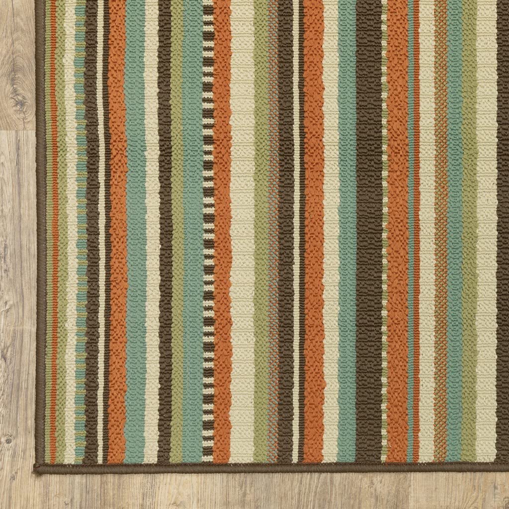 HomeRoots Polypropylene 8’x11’ Green and Brown Striped Indoor Outdoor Area Rug