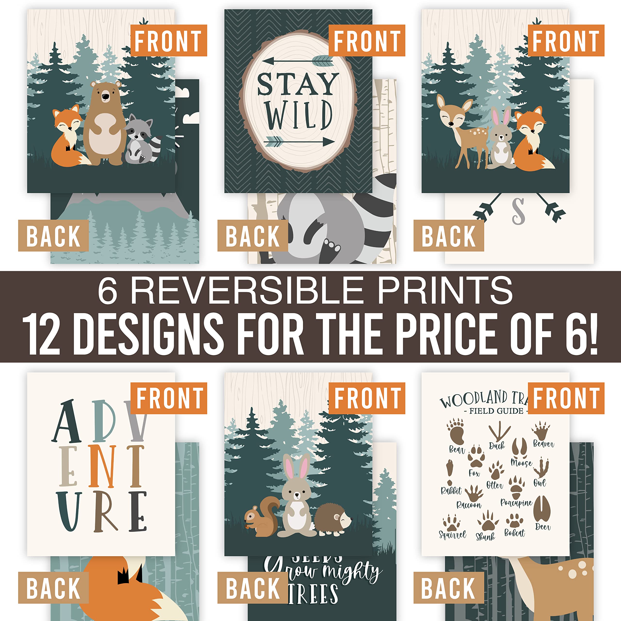 Hadley Designs 6 Reversible 8X10 Woodland Nursery Decor For Boys Prints, Baby Boy Nursery Decor, Woodland Wall Decor Baby Shower