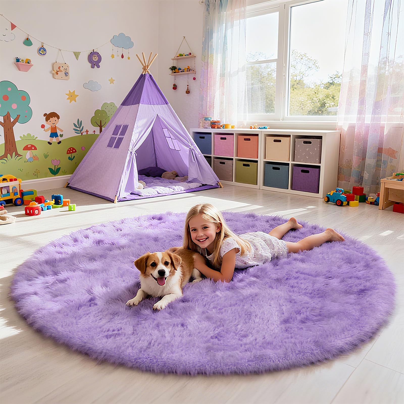 yulidayang Purple Fluffy Round Area Rugs for Bedroom,6'X6'Shag Circle Area Rugs for Girls Room,Non Slip Fuzzy Plush Rug for Kids