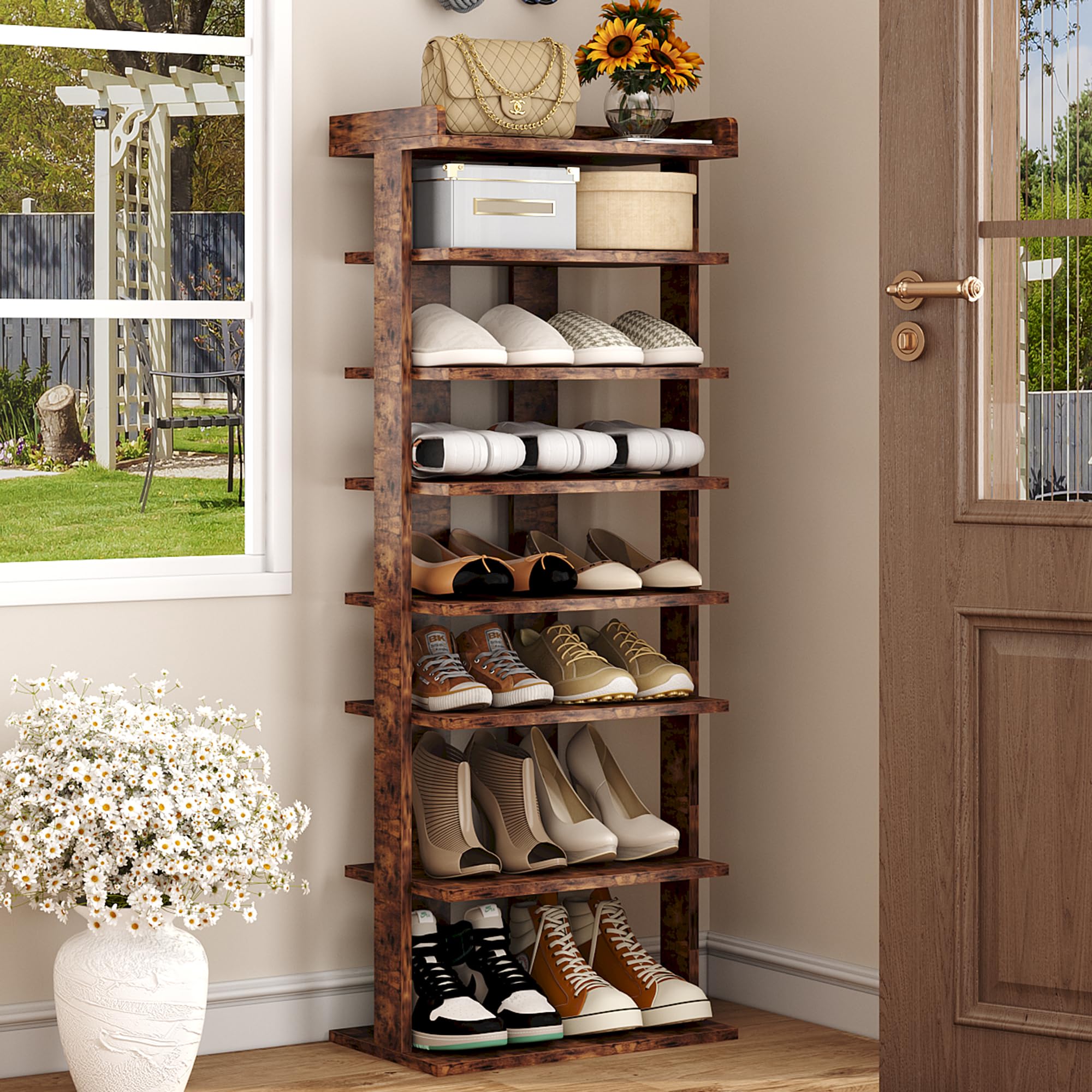 HOMEFORT 7-Tier Wood Shoe Rack, Double Rows Shoe Shelf, Shoe Storage Stand, Entryway Shoe Tower, Vertical Shoe Organizer for Nar