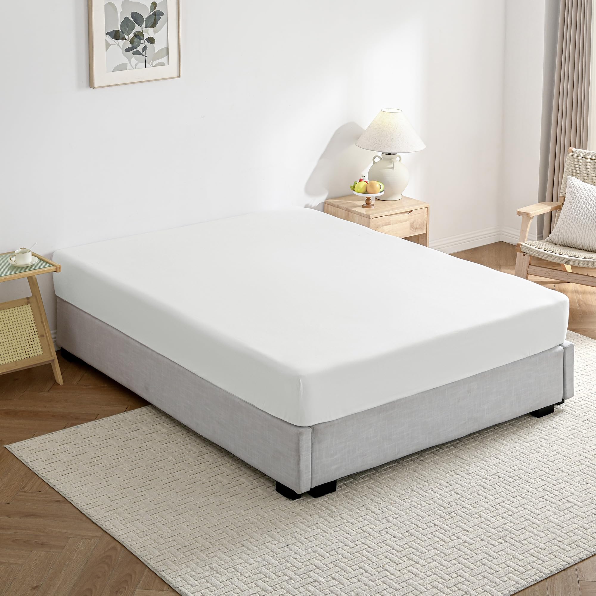 JELLYMONI Fitted Sheet Queen Cotton Cream White 1pc Easy-Fit 16 Inch Deep Pocket Sheet Bedding Sheet Solid 100% Washed Cotton So