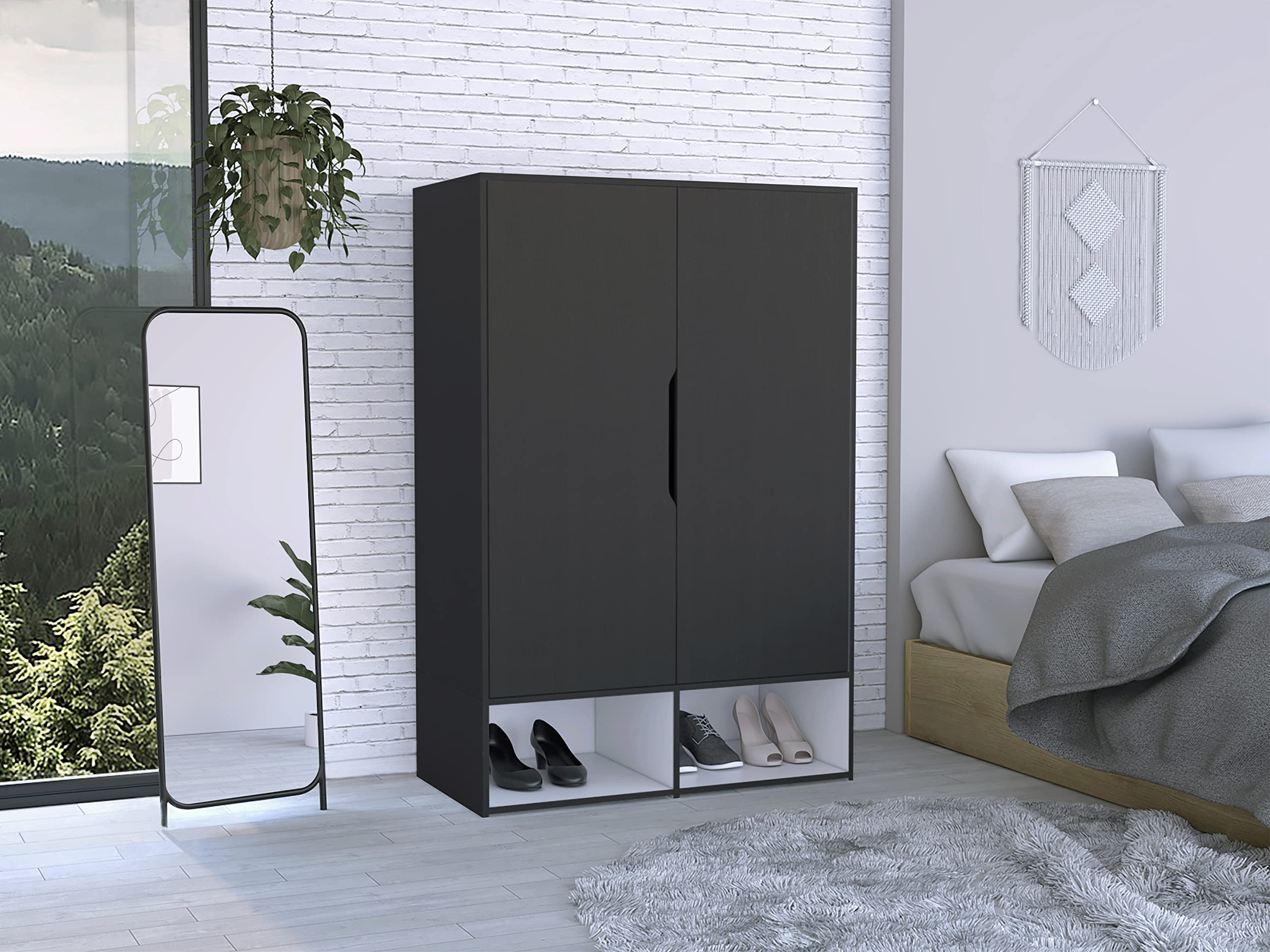 Bamboo Armoire, Double Door Cabinets, 5 Shelves, Hanging Rod, 2 Open Shelves, Black/White