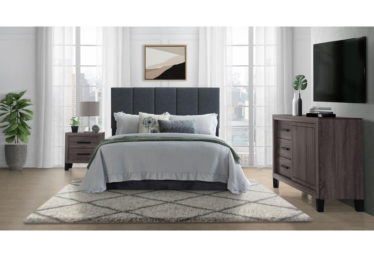 Global Furniture Usa Ernie Foil Grey Bedroom In A Box Hb With Legs, Dresser With 3 Dwrs Sliding Door, And 1 Door Ns