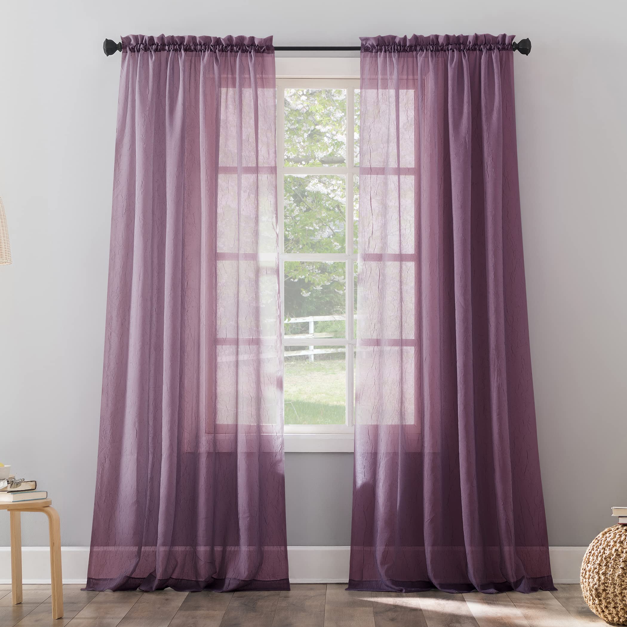 No. 918 Erica Crushed Sheer Voile Rod Pocket Curtain Panel, 51 x 95, Purple