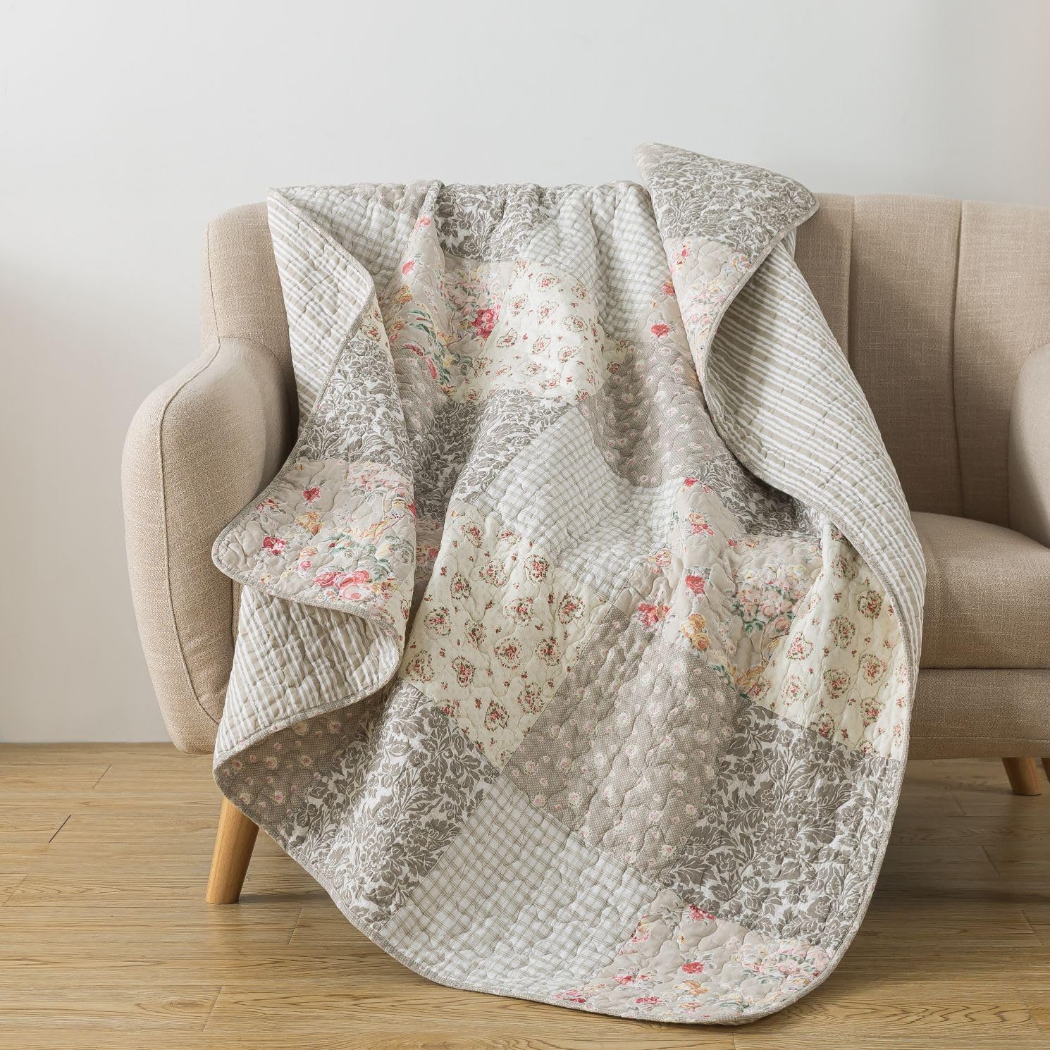 Walk In The Cotswolds 50' X 60' Cotton Quilted Throw Blanket, Neutral Floral And Cream Cottage Throw Quilt For Couch, Lightwei