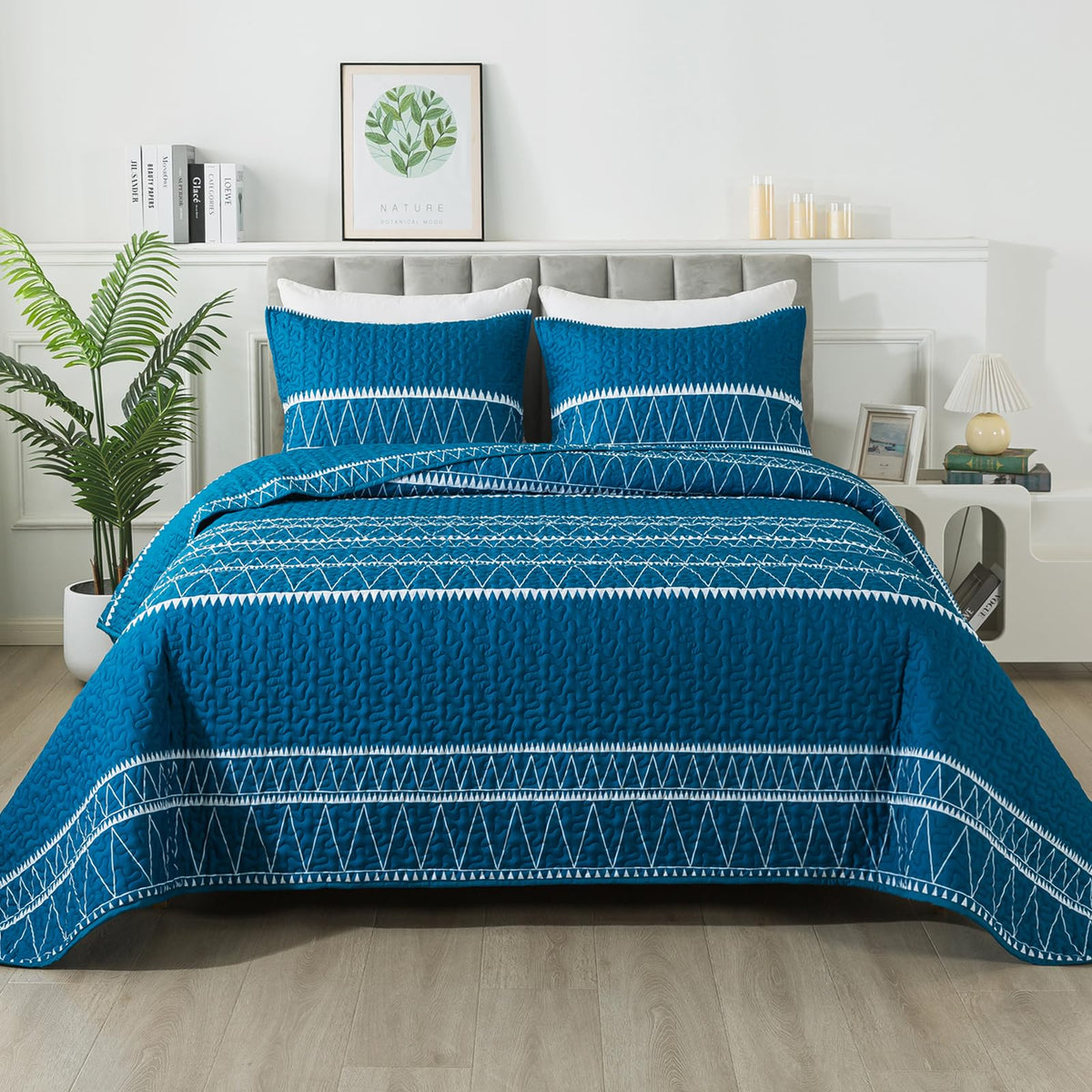 Andency Teal Quilt Set Twin (68X86 Inch), 2 Pieces(1 Striped Triangle Printed Quilt And 1 Pillowcase), Bohemian Summer Lightweight Reversible Microfiber Bedspread Coverlet Sets