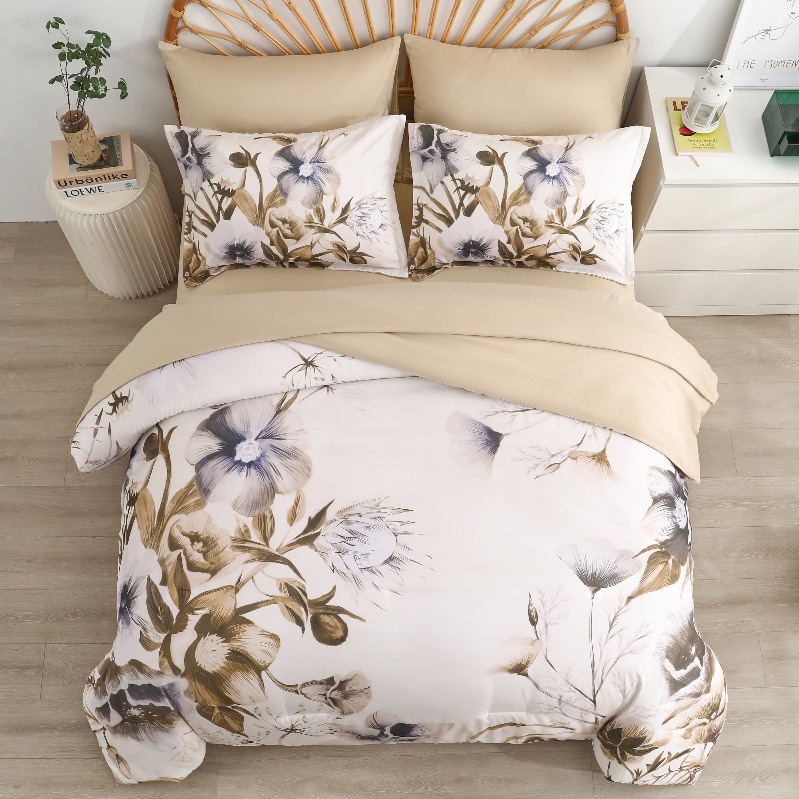 Luxudecor Floral Comforter Set Queen Size 7 Piece, Beige Flower Bed In A Bag, Elegant Floral Comforter With Sheet Set, Soft Micr