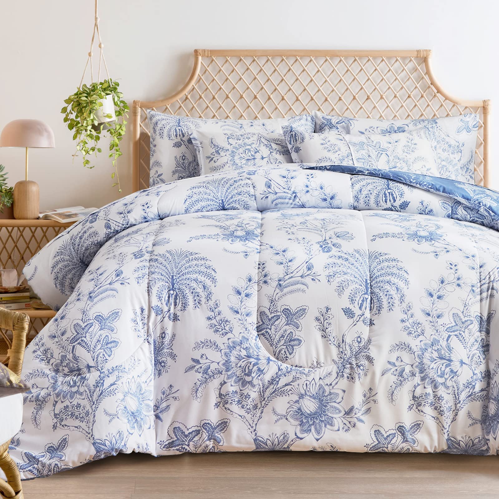 Flysheep Botanical Bed In A Bag Twin Size 6 Pieces, Reversible Blue And White Flower Printed Comforter Bedding Set (1 Comforter,
