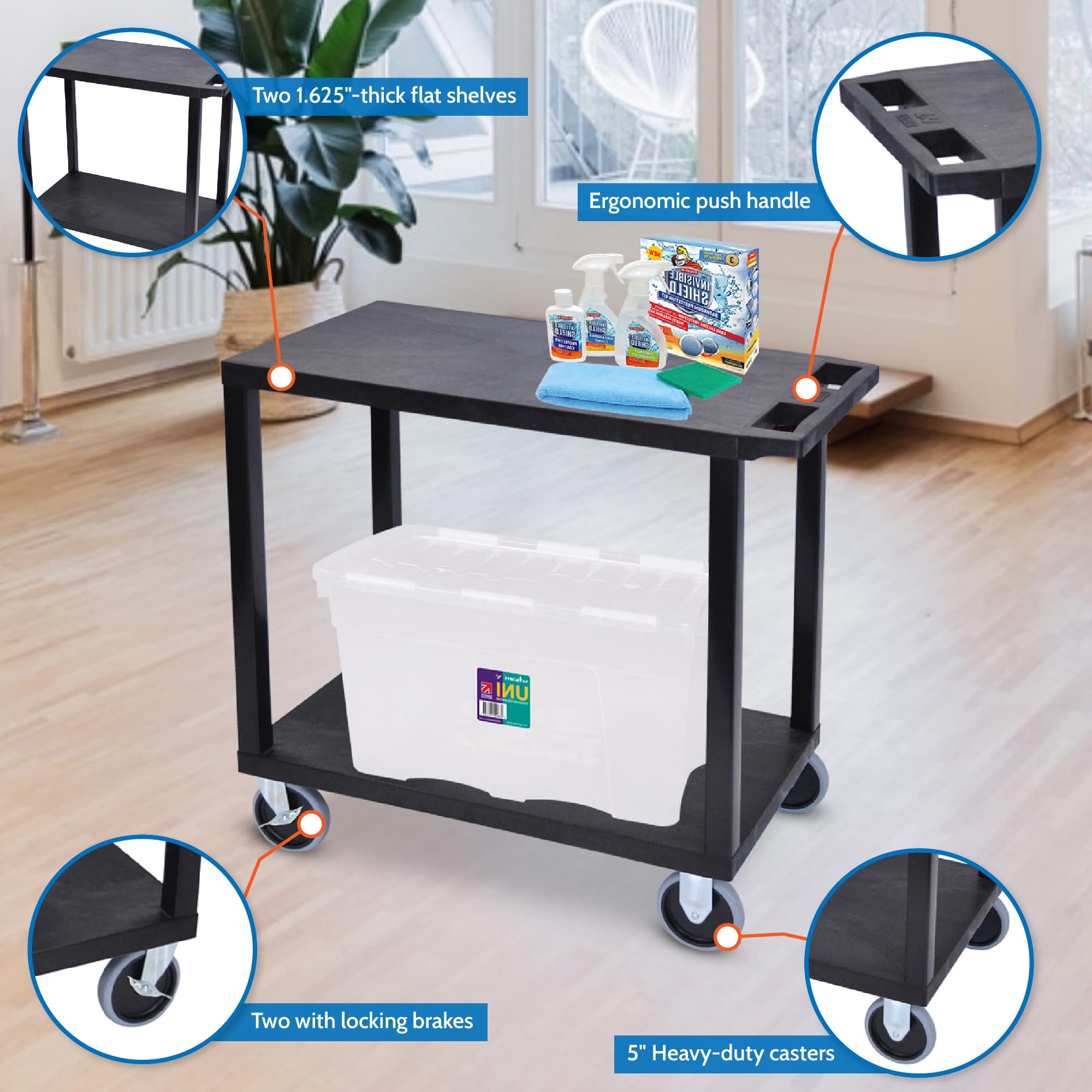 LUXOR EC22HD-B 32&quot; x 18&quot; Cart - Two Flat Shelves, Multipurpose Utility Cart, Four 5&quot; Casters, Two Fixed Non-Locking Casters, Two Full-Swivel Casters with Locking Brake, 125 lbs. Per Shelf