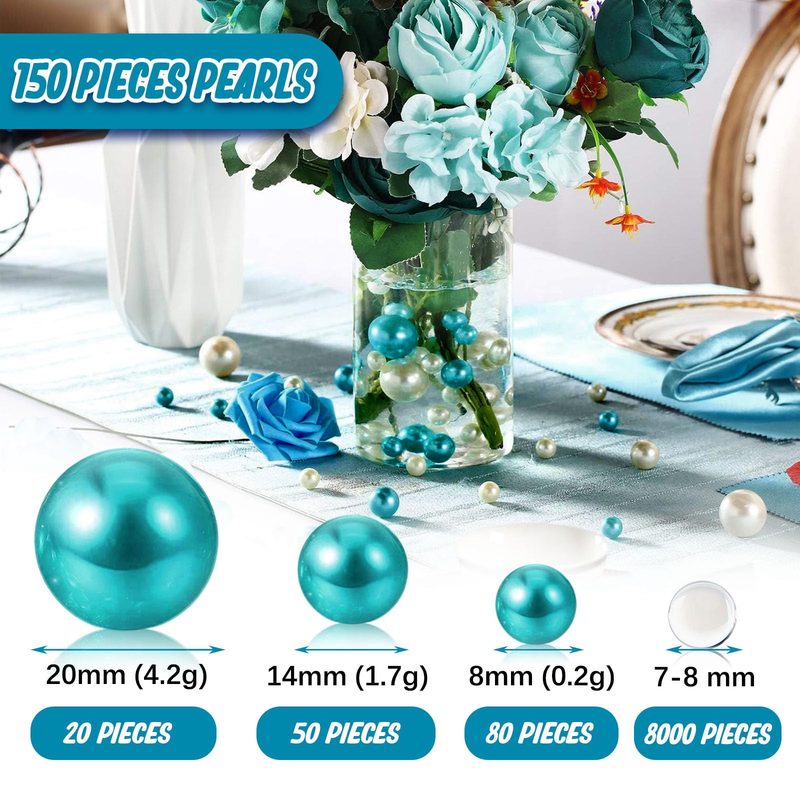 Lake Blue Floating Pearls | 150Pcs Lake Blue Pearls Bead For Centerpieces Vases, Lake Blue No Hole Beads | 8/14/20 Mm Floating B