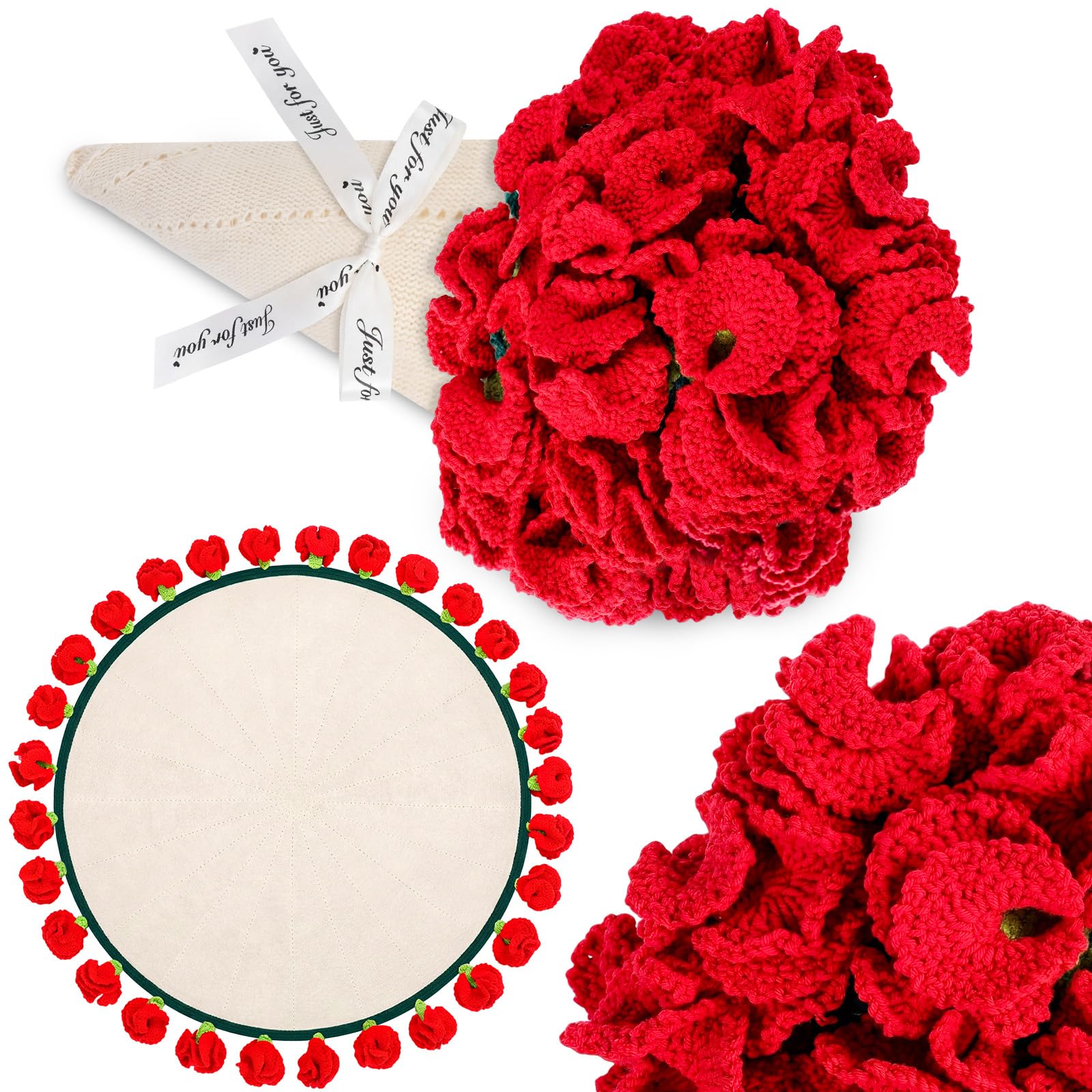 WovWeave Carnation Crochet Knitted Blanket - 43.3 inch Finished Red Floral Bloomy Bouquet Blanket for Women Birthday Gift Annive